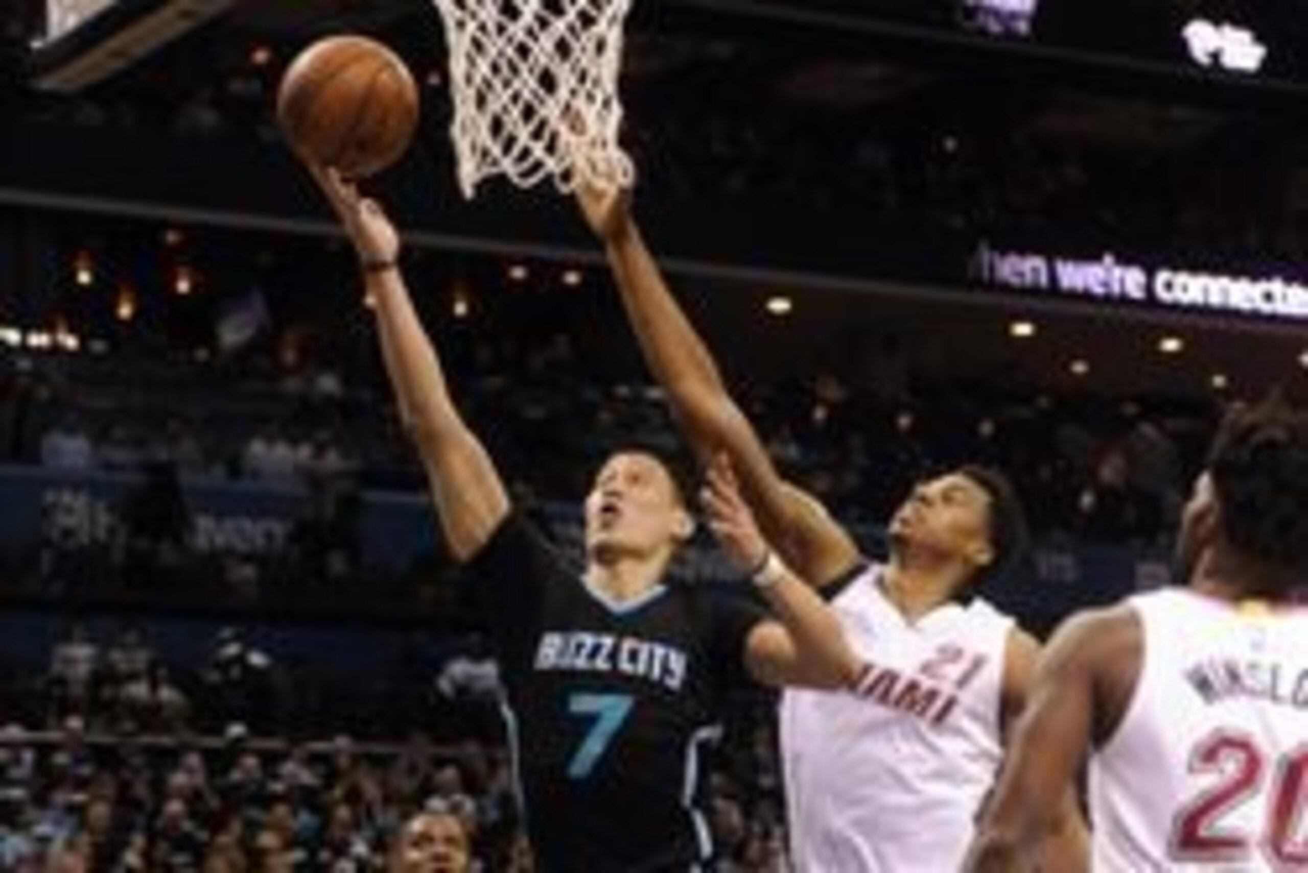 Apr 23, 2016; Charlotte, NC, USA; Charlotte Hornets guard Jeremy Lin (7) drives to the basket as he is defended by Mimami Heat center Hassan Whiteside (21) during the first half in game three of the first round of the NBA Playoffs at Time Warner Cable Are