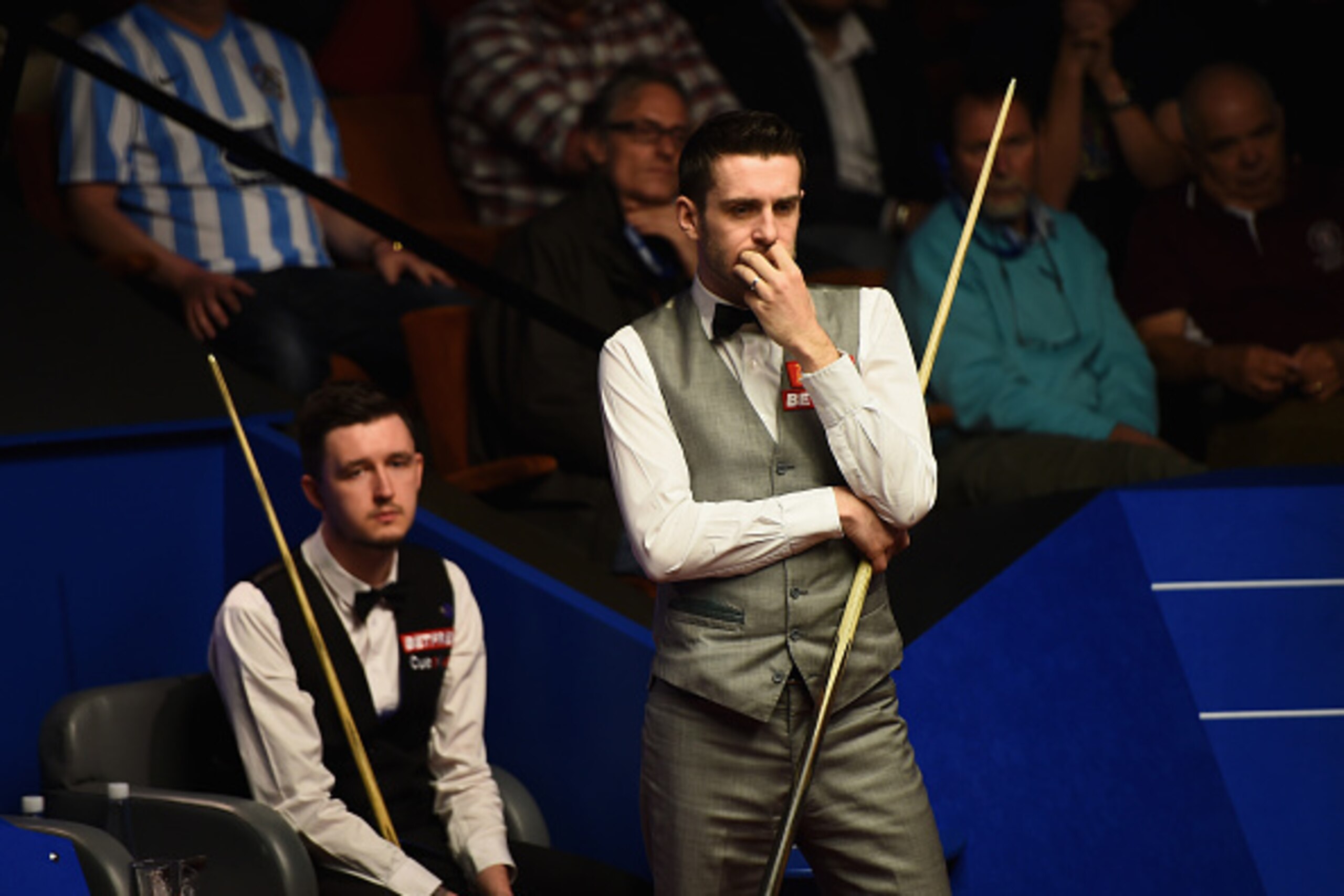 SHEFFIELD, ENGLAND - APRIL 26: Mark Selby of England in actionlines up a shot during his quarter final match against Kyren Wilson of England on day eleven of the World Championship Snooker at Crucible Theatre on April 26, 2016 in Sheffield, England.  (Pho