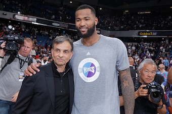 SACRAMENTO, CA - APRIL 9: Owner Vivek Ranadive and DeMarcus Cousins #15 of the Sacramento Kings pose for a photo after the game against the Oklahoma City Thunder on April 9, 2016 at Sleep Train Arena in Sacramento, California. NOTE TO USER: User expressly
