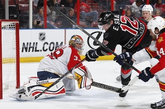 SUNRISE, FL - MARCH 27: Goaltender Dan Ellis #39 of the Florida Panthers stops a shot by Eric Staal #12 of the Carolina Hurricanes at the BB&T Center on March 27, 2014 in Sunrise, Florida. (Photo by Joel Auerbach/Getty Images)