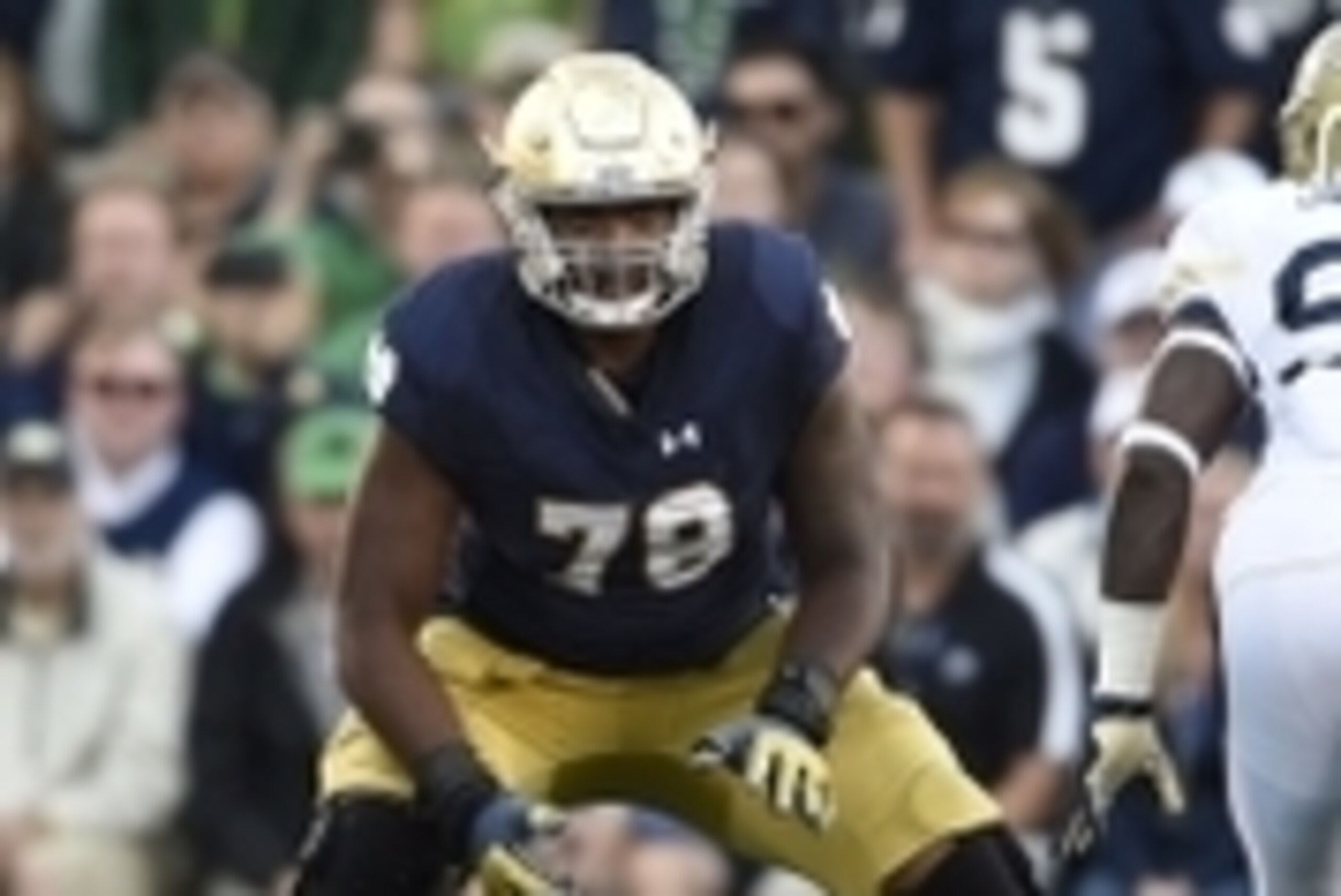 Sep 19, 2015; South Bend, IN, USA; Notre Dame Fighting Irish offensive lineman Ronnie Stanley (78) prepares to block Georgia Tech Yellow Jackets defensive lineman Antonio Simmons (93) at Notre Dame Stadium. Mandatory Credit: RVR Photos-USA TODAY Sports
