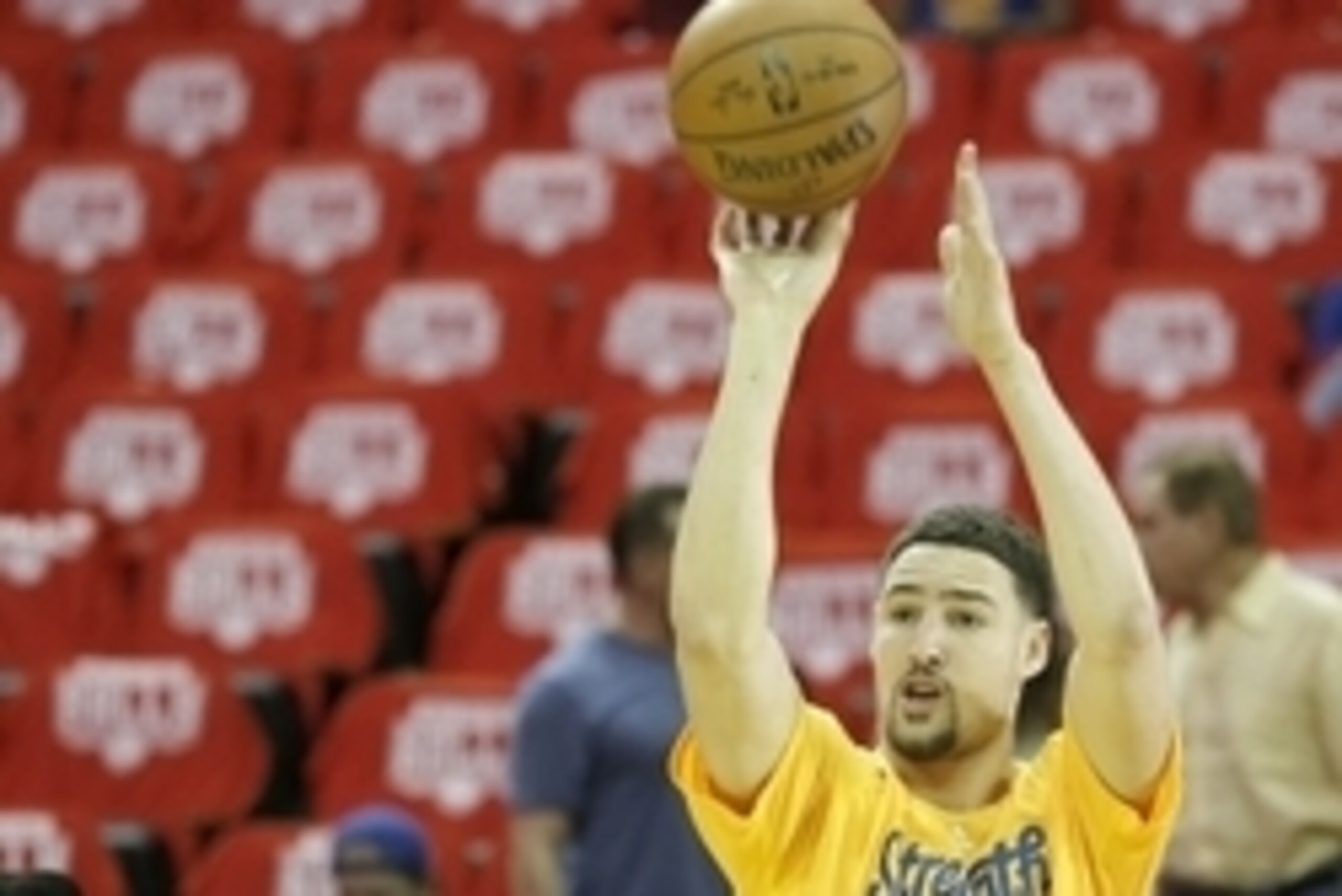 Apr 24, 2016; Houston, TX, USA;  Golden State Warriors guard Klay Thompson (11) warms up before before playing the Houston Rockets in game four of the first round of the NBA Playoffs at Toyota Center. Mandatory Credit: Thomas B. Shea-USA TODAY Sports