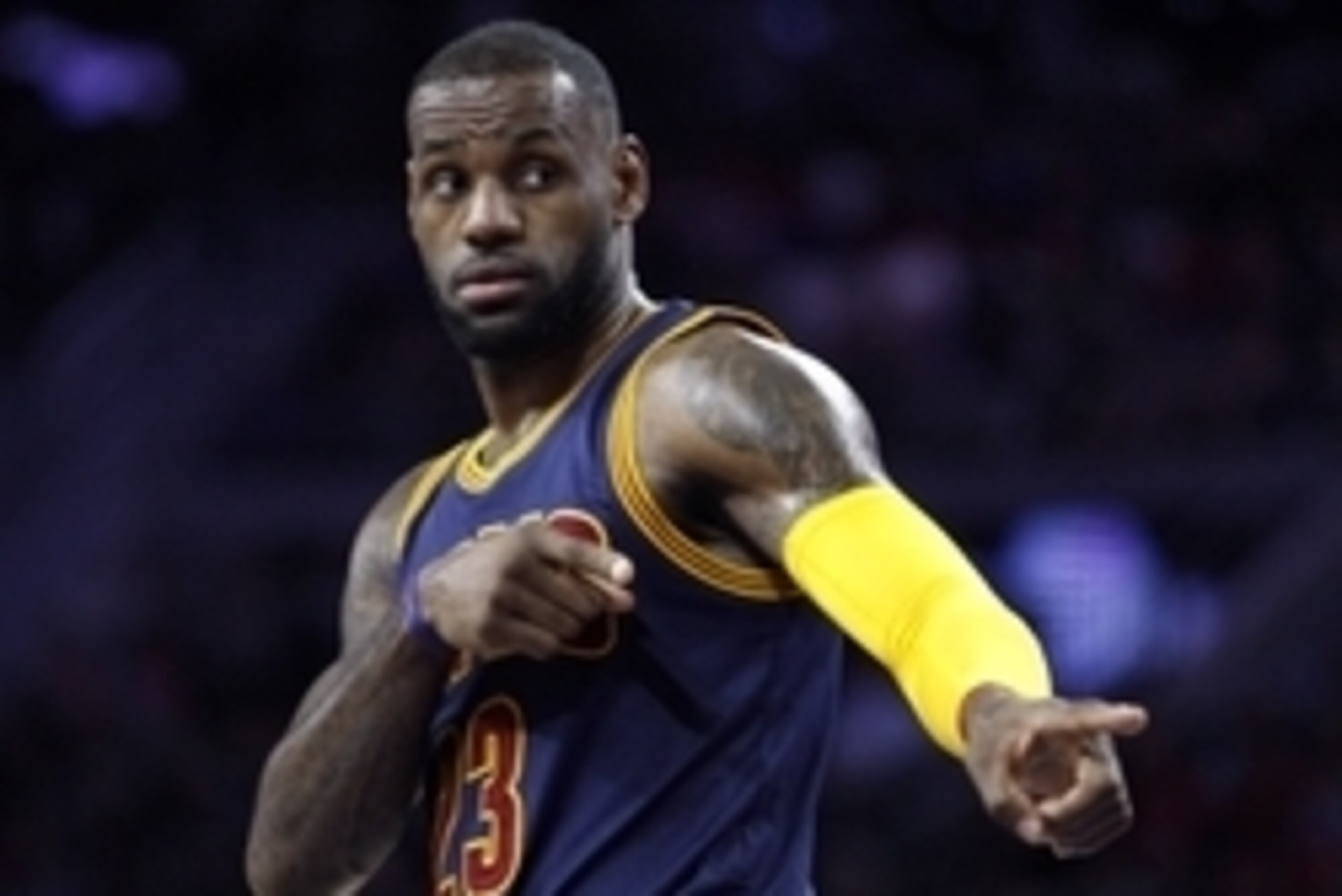 Apr 24, 2016; Auburn Hills, MI, USA; Cleveland Cavaliers forward LeBron James (23) reacts during the second quarter against the Detroit Pistons in game four of the first round of the NBA Playoffs at The Palace of Auburn Hills. Mandatory Credit: Raj Mehta-