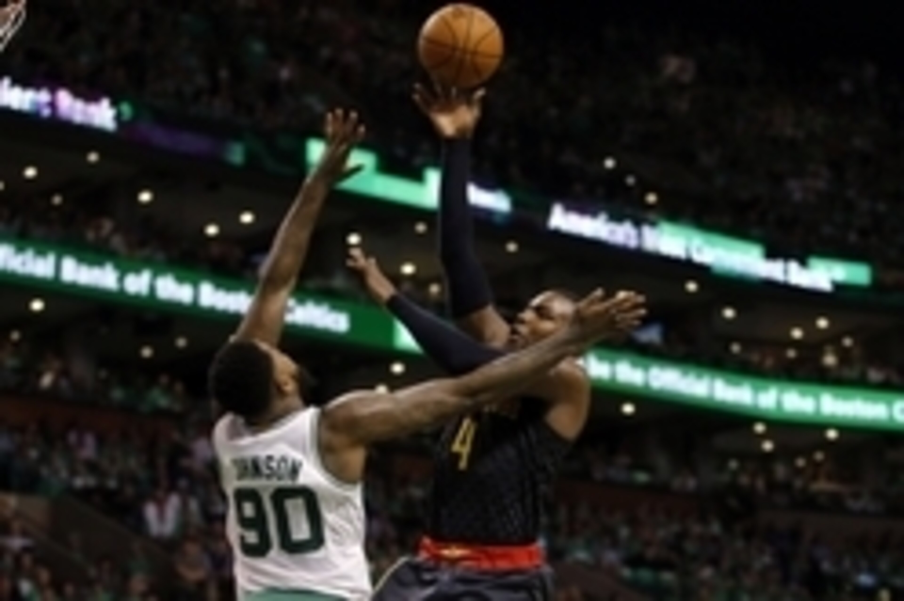 Apr 22, 2016; Boston, MA, USA; Atlanta Hawks forward Paul Millsap (4) shoots against Boston Celtics forward Amir Johnson (90) during the third quarter in game three of the first round of the NBA Playoffs at TD Garden. Mandatory Credit: David Butler II-USA