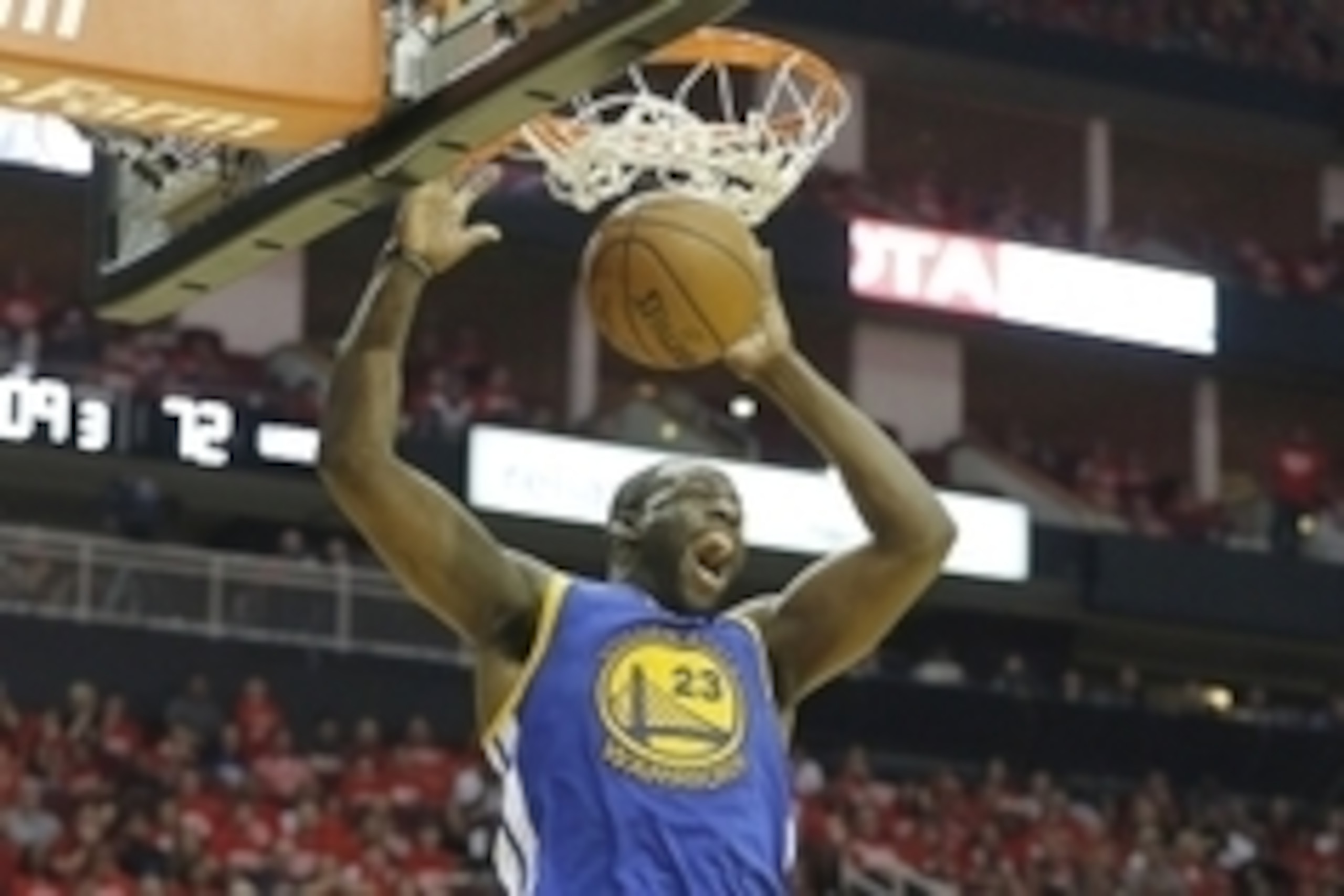 Apr 24, 2016; Houston, TX, USA; Golden State Warriors forward Draymond Green (23) reacts after dunking against the Houston Rockets in the second half in game four of the first round of the NBA Playoffs at Toyota Center. Golden State Warriors won 121 to 94