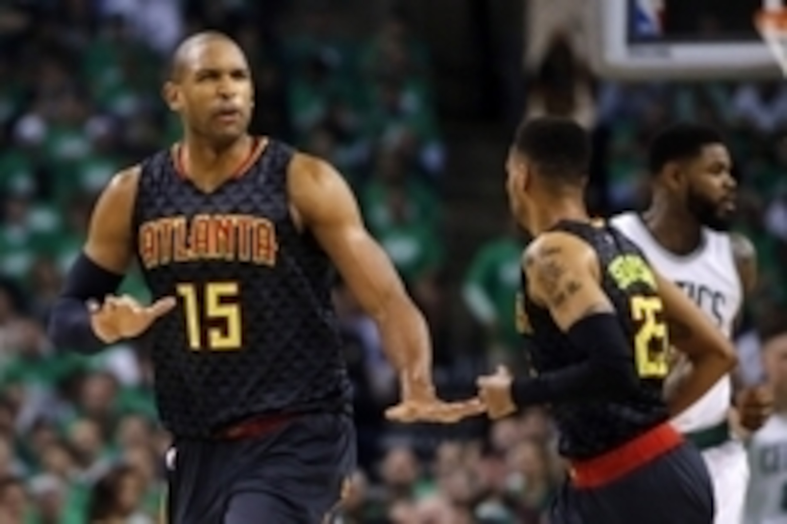 Apr 22, 2016; Boston, MA, USA; Atlanta Hawks center Al Horford (15) reacts after his basket against the Boston Celtics in game three of the first round of the NBA Playoffs at TD Garden. Mandatory Credit: David Butler II-USA TODAY Sports