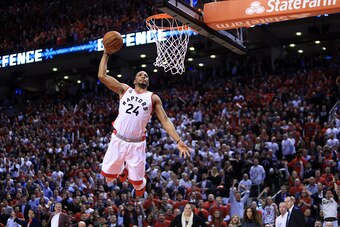 TORONTO, ON - APRIL 26:  Norman Powell #24 of the Toronto Raptors dunks the ball late in the second half of Game Five of the Eastern Conference Quarterfinals against the Indiana Pacers during the 2016 NBA Playoffs at the Air Canada Centre on April 26, 201