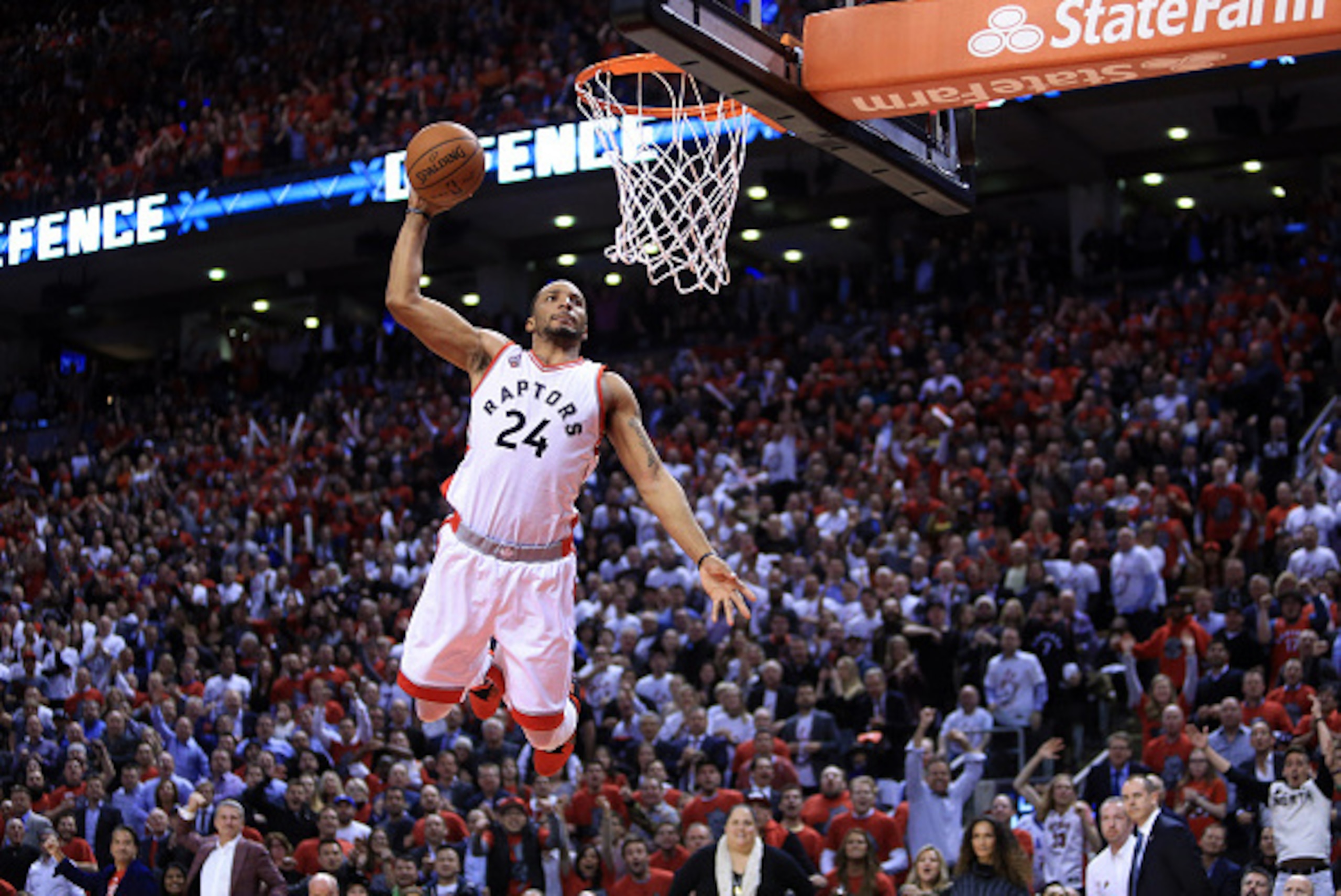 TORONTO, ON - APRIL 26:  Norman Powell #24 of the Toronto Raptors dunks the ball late in the second half of Game Five of the Eastern Conference Quarterfinals against the Indiana Pacers during the 2016 NBA Playoffs at the Air Canada Centre on April 26, 201