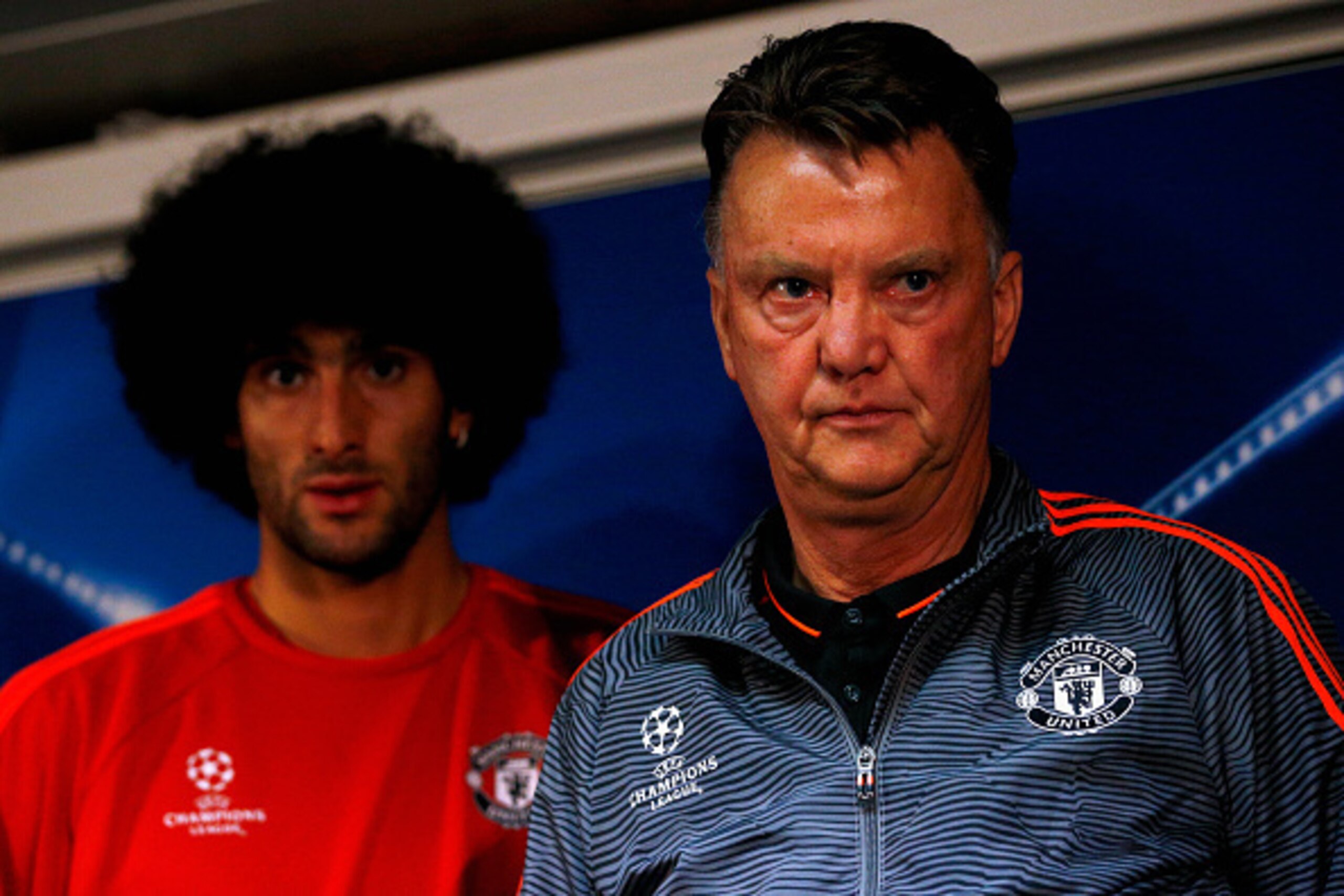 BRUGGE, BELGIUM - AUGUST 25:  Manchester United Head Coach / Manager, Louis van Gaal and Marouane Fellaini walk out after the Manchester United press conference held at Jan Breydel Stadium on August 25, 2015 in Brugge, Belgium.  (Photo by Dean Mouhtaropou