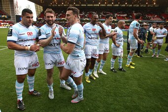 NOTTINGHAM, ENGLAND - APRIL 24:  Racing 92 players celebrate their victory during the European Rugby Champions Cup semi final match between Leicester Tigers and Racing 92 at the City Ground on April 24, 2016 in Nottingham, England.  (Photo by David Rogers