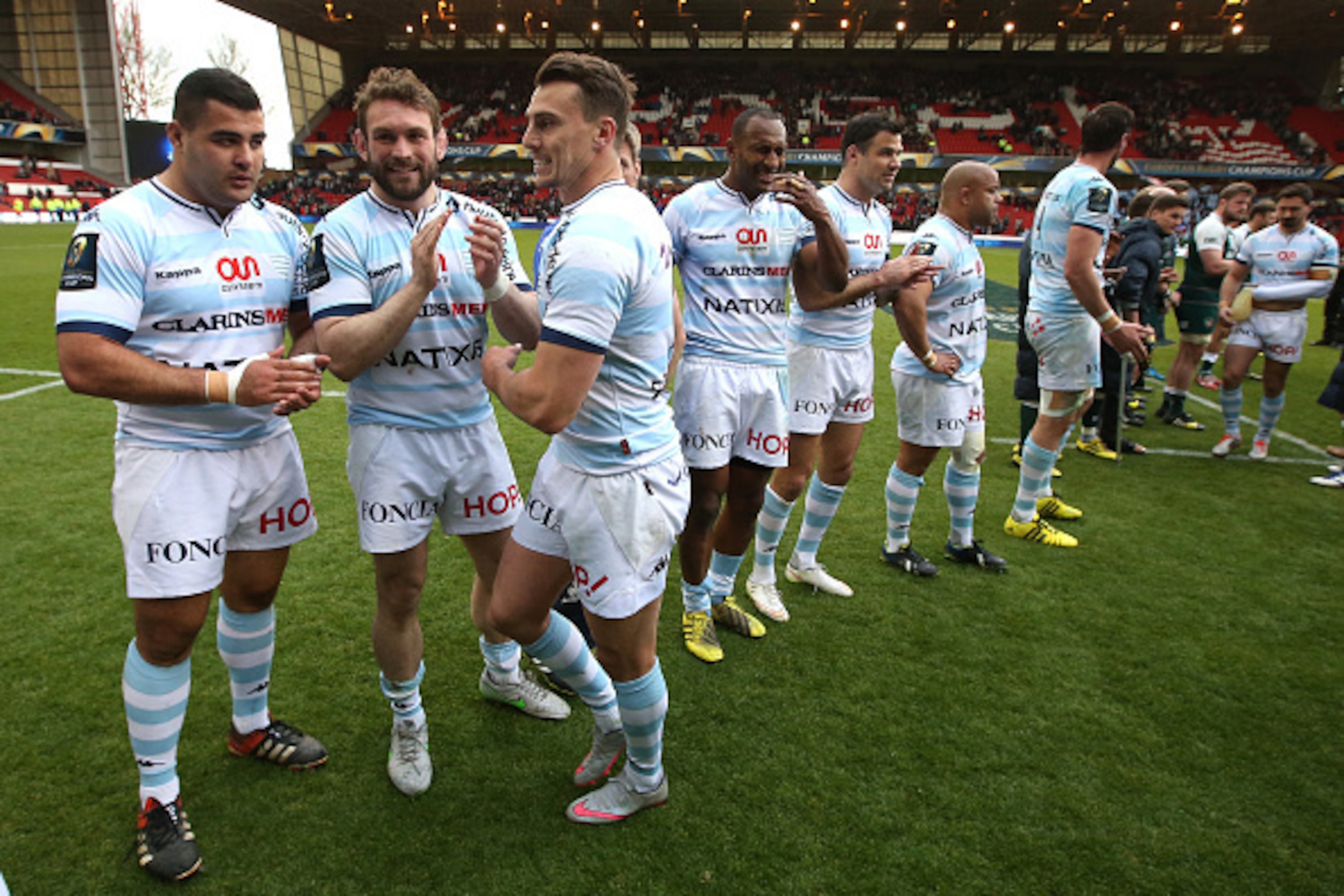 NOTTINGHAM, ENGLAND - APRIL 24:  Racing 92 players celebrate their victory during the European Rugby Champions Cup semi final match between Leicester Tigers and Racing 92 at the City Ground on April 24, 2016 in Nottingham, England.  (Photo by David Rogers