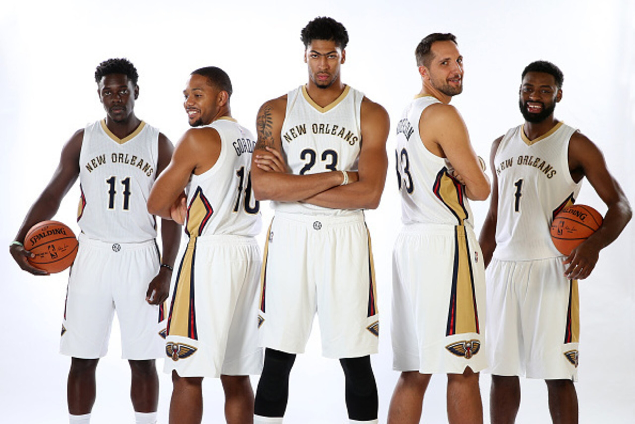 METAIRIE, LA - OCTOBER 14:  Jrue Holiday #11, Eric Gordon #10, Anthony Davis #23, Ryan Anderson #33 and Tyreke Evans #1 of the New Orleans Pelicans pose for a photo during NBA Media Day on October 14, 2015 at the New Orleans Pelicans practice facility in 