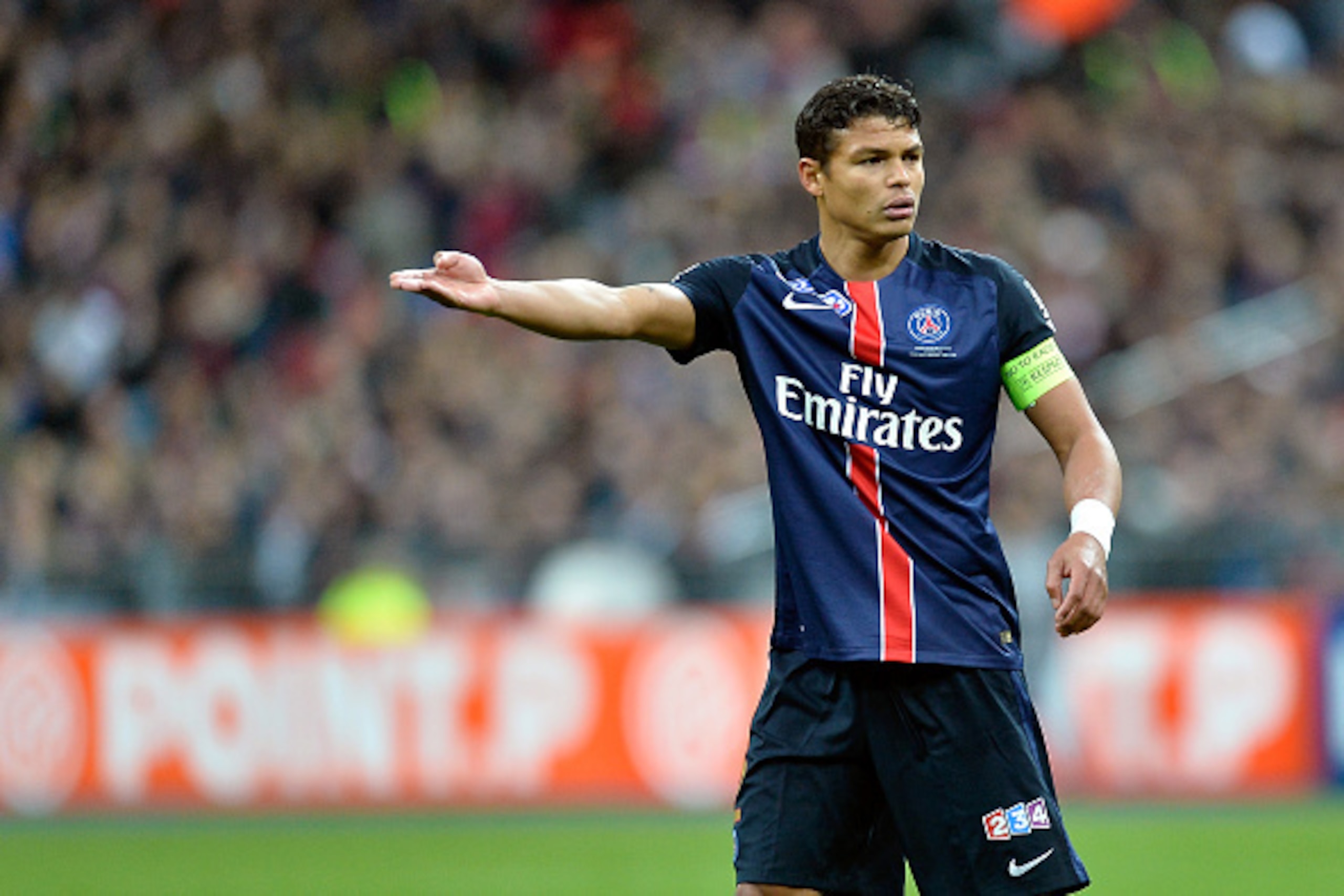 PARIS, FRANCE - APRIL 23:  Thiago Silva of Paris Saint-Germain reacts during the French Cup Final game between Paris Saint-Germain and Llosc Lille at Stade de France on April 23, 2016 in Paris, France.  (Photo by Aurelien Meunier/Getty Images)