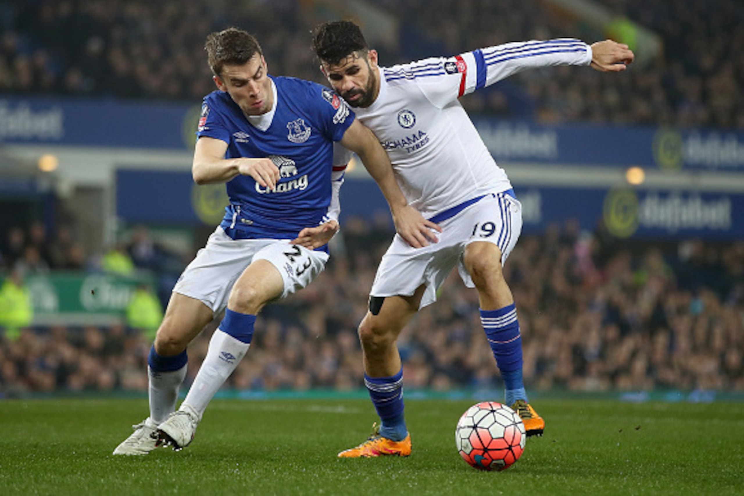 LIVERPOOL, ENGLAND - MARCH 12:  Diego Costa of Chelsea and Seamus Coleman of Everton compete for the ball during The Emirates FA Cup Sixth Round match between Everton and Chelsea at Goodison Park on March 12, 2016 in Liverpool, England.  (Photo by Clive B