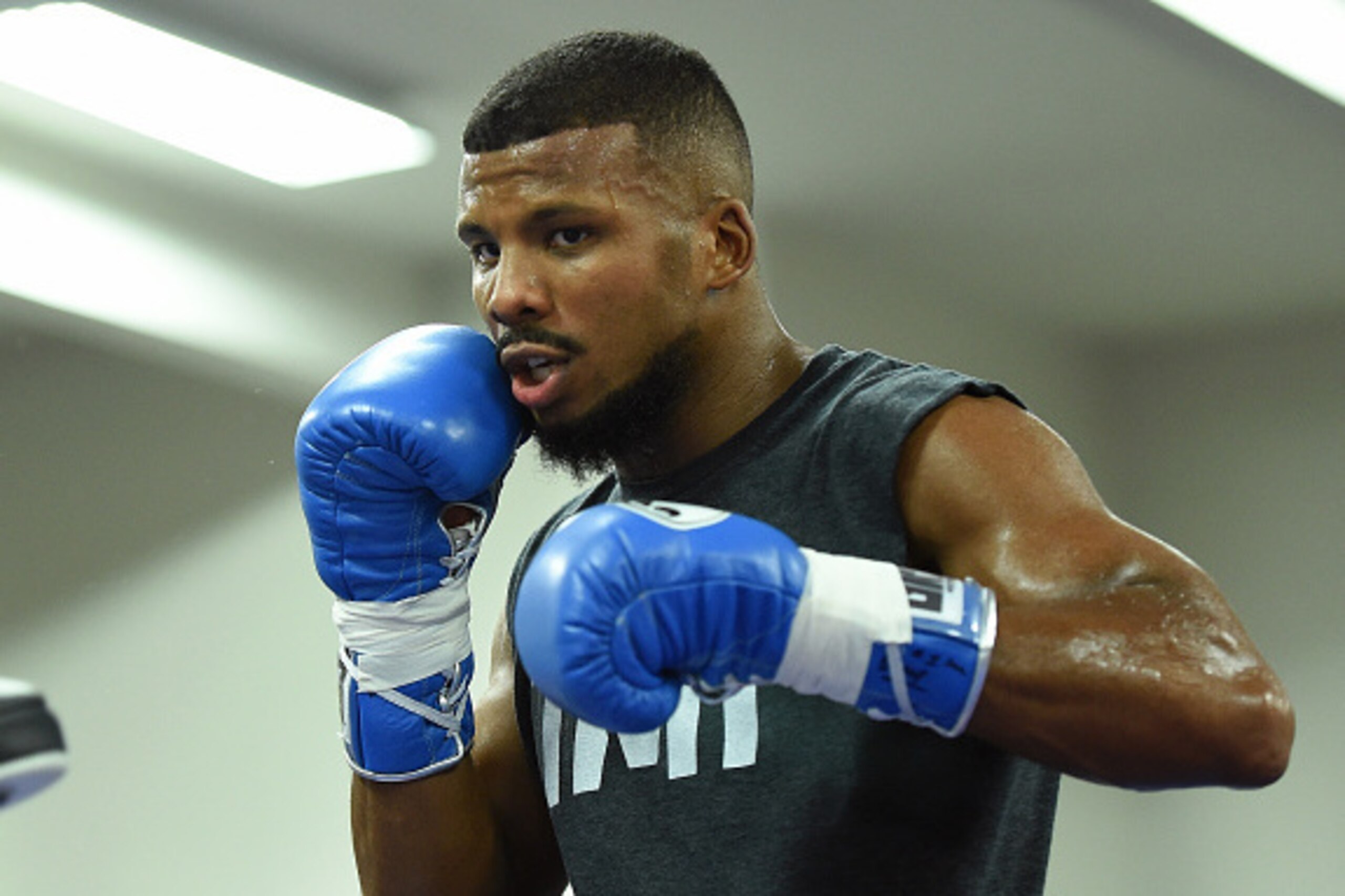 LAS VEGAS, NV - AUGUST 26:  Boxer Badou Jack works out at the Mayweather Boxing Club on August 26, 2015 in Las Vegas, Nevada. Jack will defend his WBC super middleweight title against George Groves on the undercard of the Floyd Mayweather Jr. and Andre Be