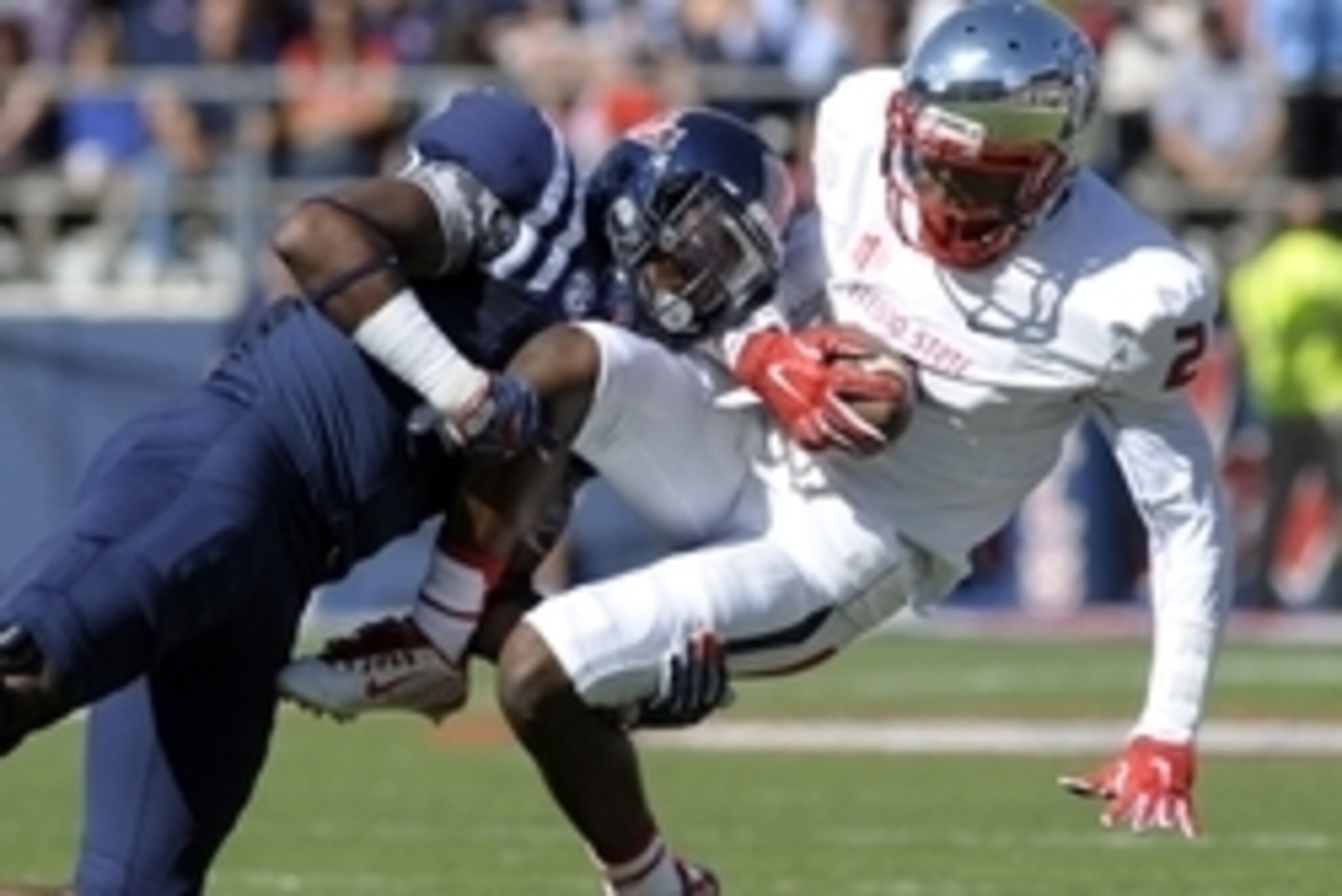 Sep 12, 2015; Oxford, MS, USA; Mississippi Rebels defensive back Tony Conner (12) tackles Fresno State Bulldogs wide receiver Jamire Jordan (2) during the game at Vaught-Hemingway Stadium. Mandatory Credit: Justin Ford-USA TODAY Sports