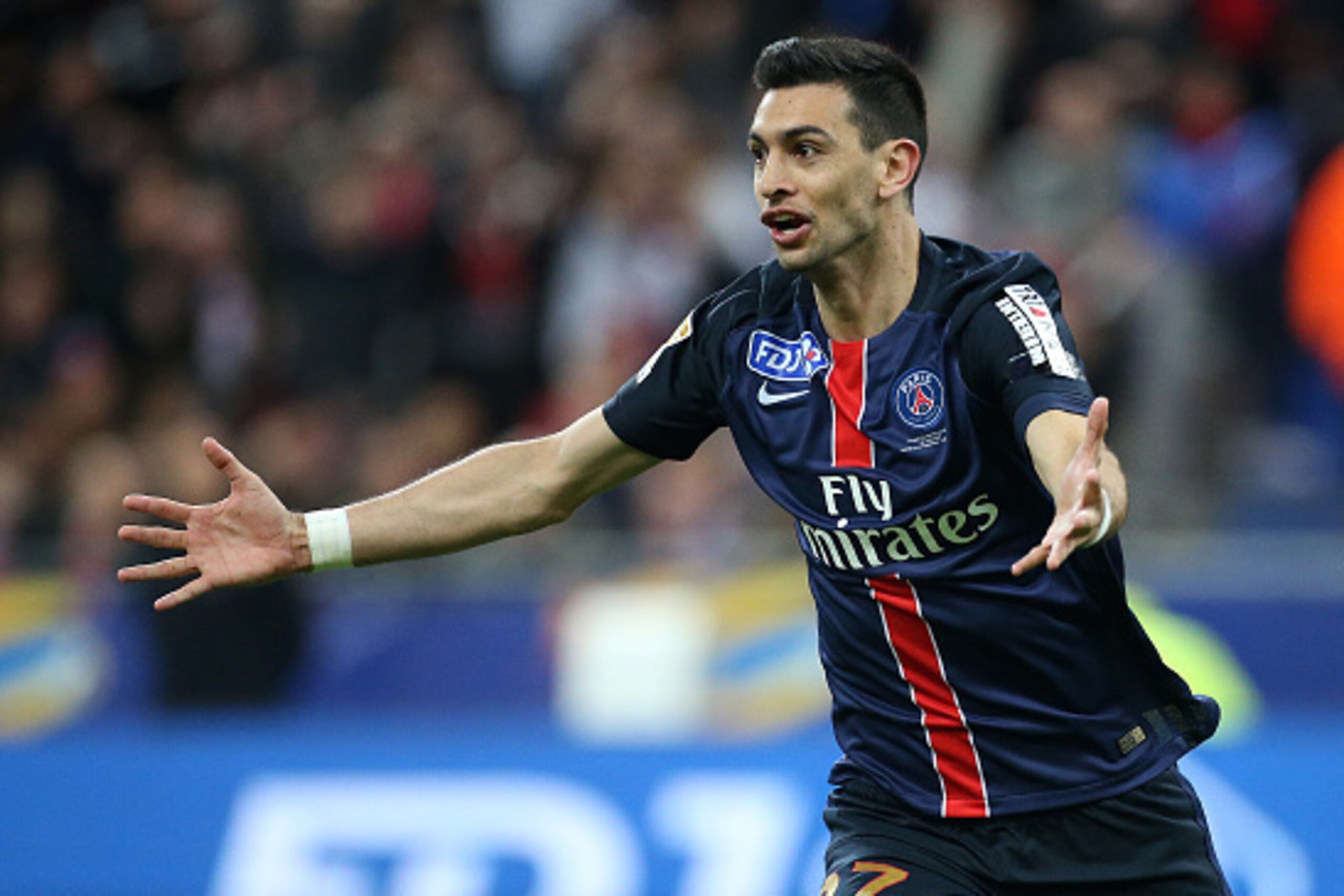 PARIS, FRANCE - APRIL 23: Javier Pastore of PSG celebrates his goal during the French League Cup final (finale de la Coupe de la Ligue) between Paris Saint-Germain (PSG) and Lille OSC (LOSC) at Stade de France on April 23, 2016 in Saint-Denis nearby Paris