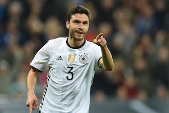 Germany's defender Jonas Hector celebrates scoring the 3-0, his first goal for Germany during the friendly football match Germany vs Italy in Muinch, southern Germany, on March 29, 2016.  / AFP / CHRISTOF STACHE        (Photo credit should read CHRISTOF S