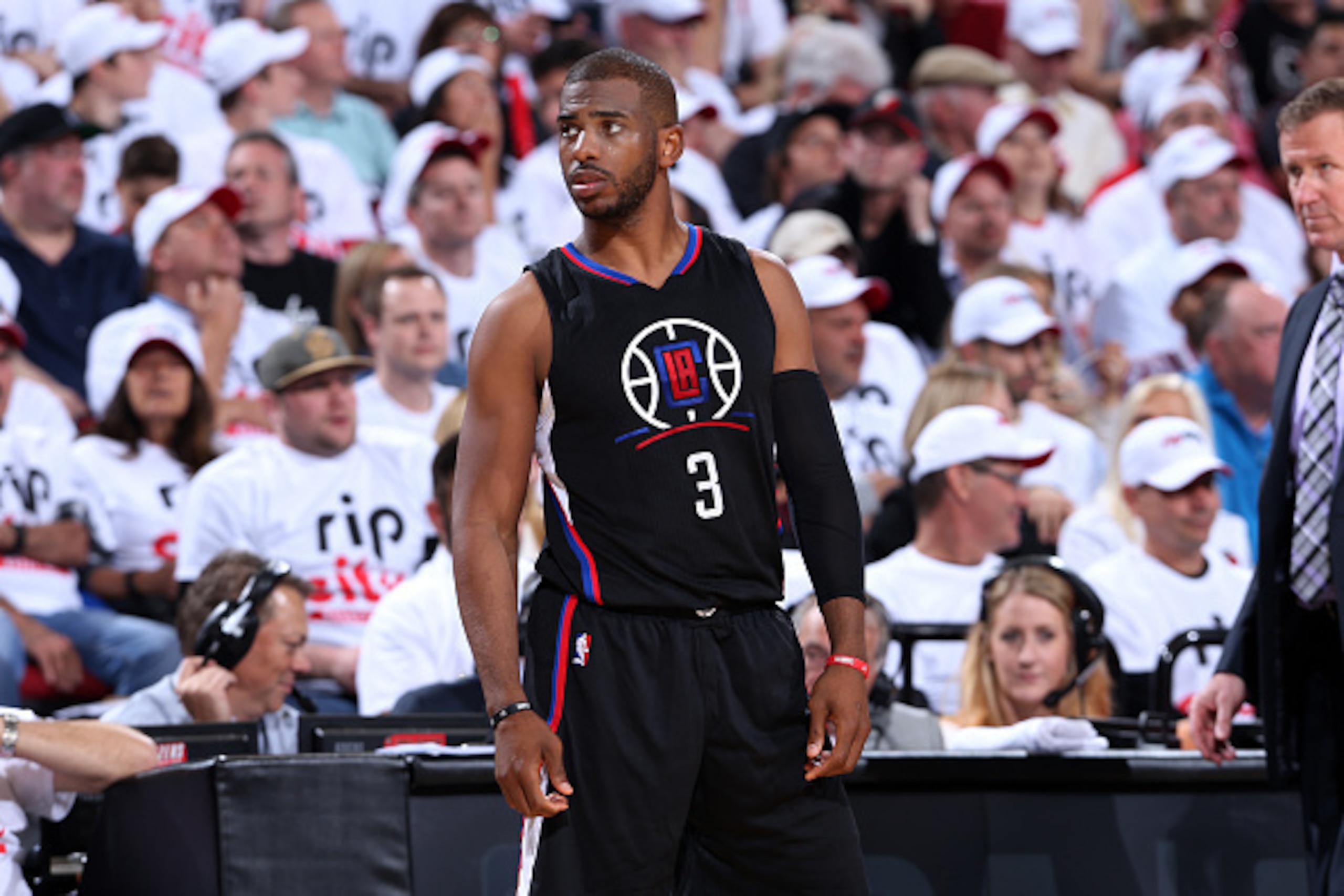 PORTLAND, OR - APRIL 23: Chris Paul #3 of the Los Angeles Clippers looks on during the game against the Portland Trail Blazers in Game Three of the Western Conference Quarterfinals during the 2016 NBA Playoffs on April 23, 2016 at the Moda Center Arena in
