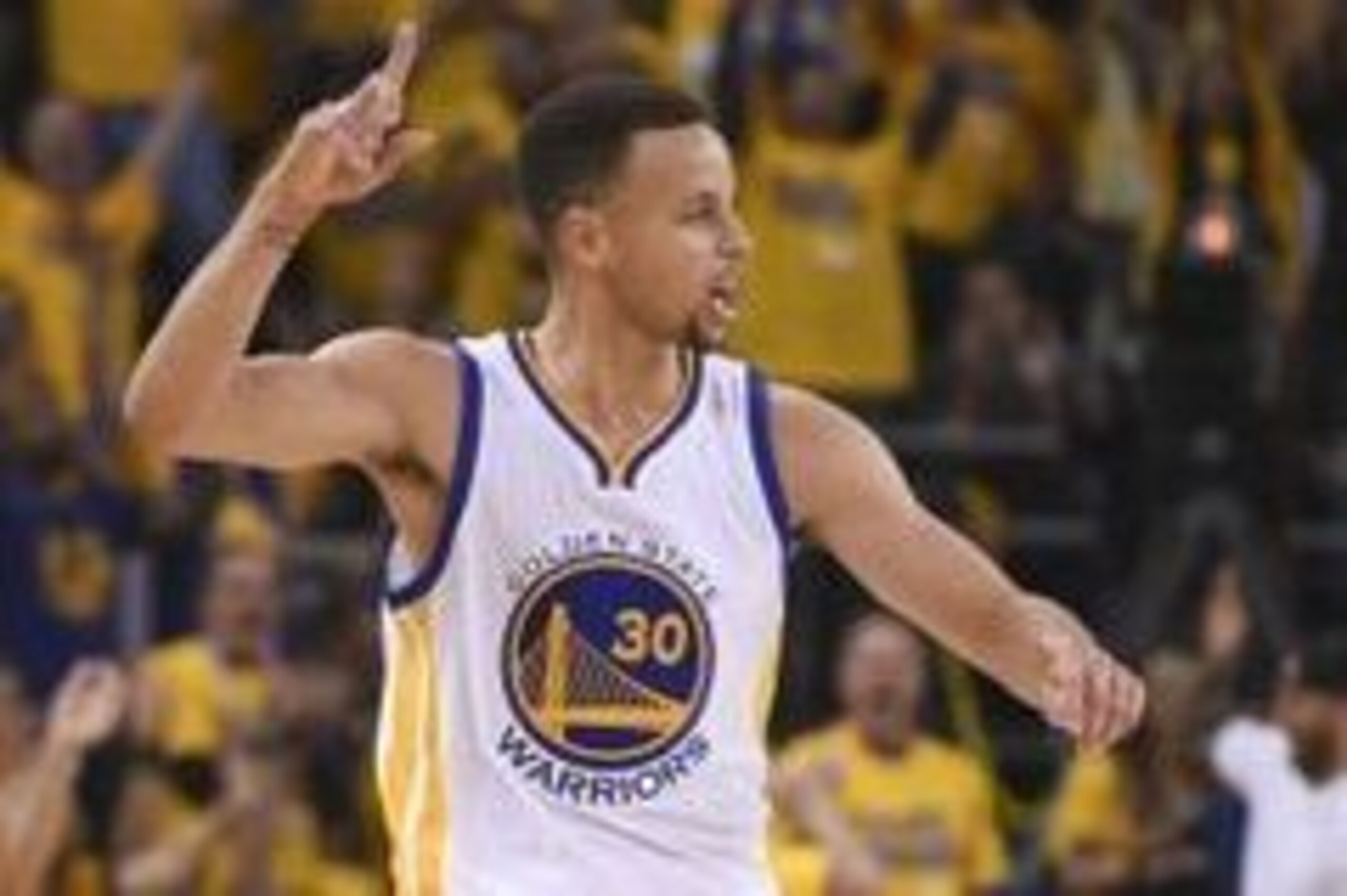 April 16, 2016; Oakland, CA, USA; Golden State Warriors guard Stephen Curry (30) celebrates after making a three-point basket against the Houston Rockets during the first quarter in game one of the first round of the NBA Playoffs at Oracle Arena. Mandator