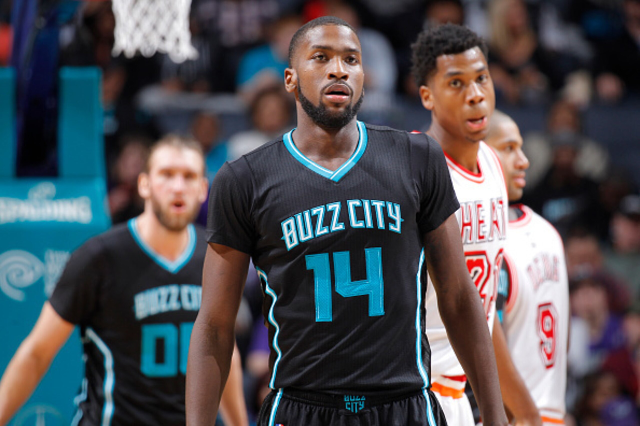 CHARLOTTE, NC - FEBRUARY 5: Michael Kidd-Gilchrist #14 of the Charlotte Hornets looks on during the game against the Miami Heat on Februay 5, 2016 at Time Warner Cable Arena in Charlotte, North Carolina. NOTE TO USER: User expressly acknowledges and agree