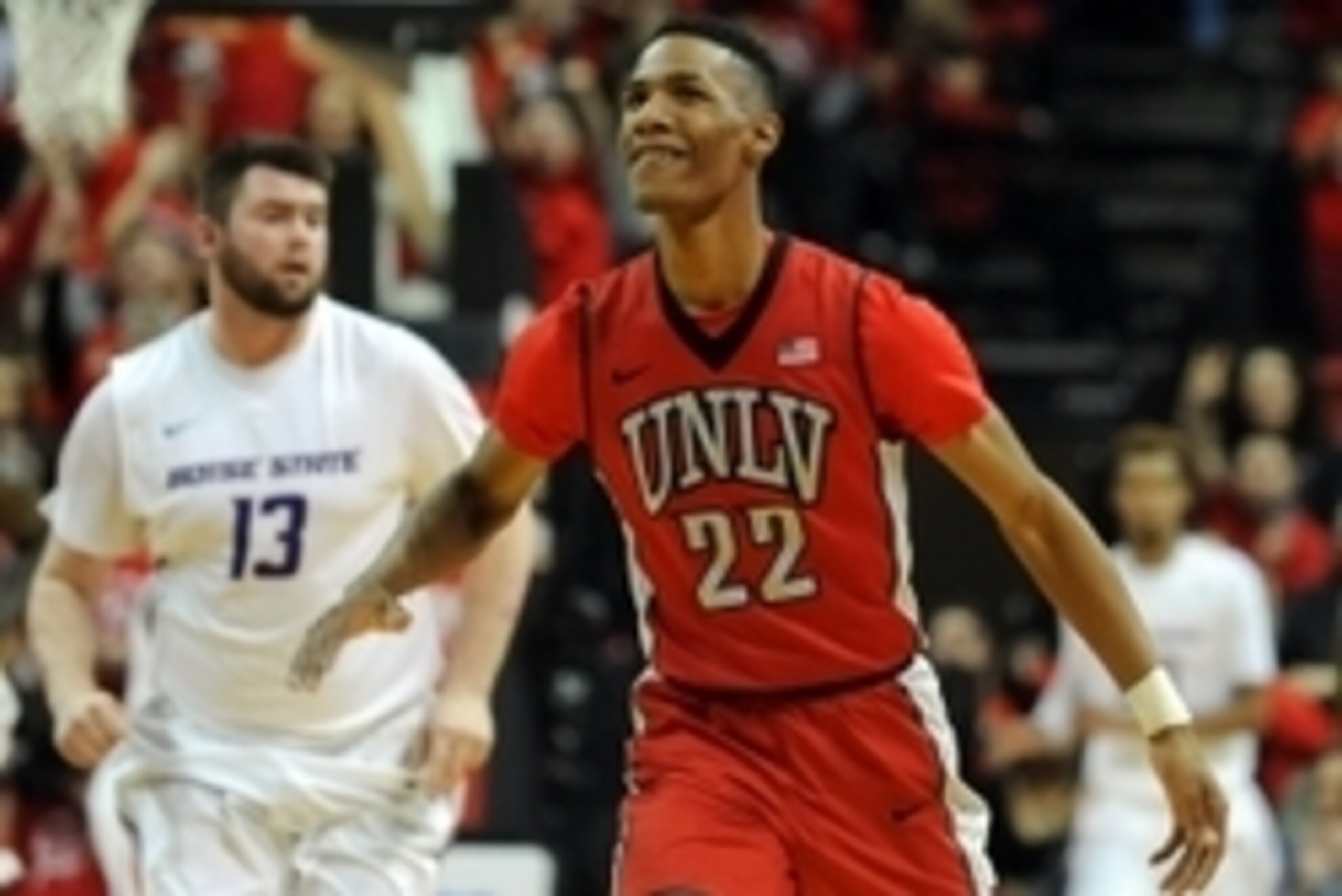 Jan 27, 2016; Las Vegas, NV, USA; UNLV Runnin' Rebels guard Patrick McCaw (22) reacts after scoring a three-point basket during the second half of a game against Boise State at Thomas & Mack Center. UNLV won the game 87-77. Mandatory Credit: Stephen R. Sy