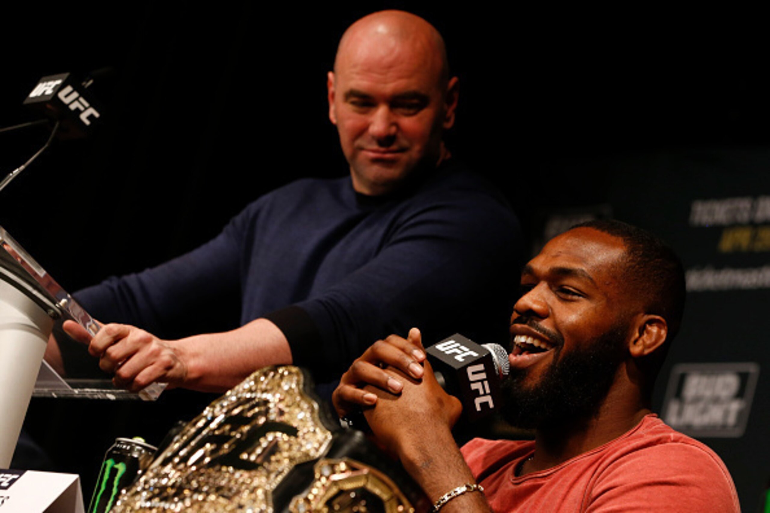 NEW YORK, NY - APRIL 27: Jon Jones speaks at a press conference with UFC president Dana White at a media availability for UFC 200 at Madison Square Garden on April 27, 2016 in New York City. (Photo by Jeff Zelevansky/Getty Images) NEW YORK, NY - APRIL 27: Jon Jones speaks at a press conference with UFC president Dana White at a media availability for UFC 200 at Madison Square Garden on April 27, 2016 in New York City. (Photo by Jeff Zelevansky/Getty Images)