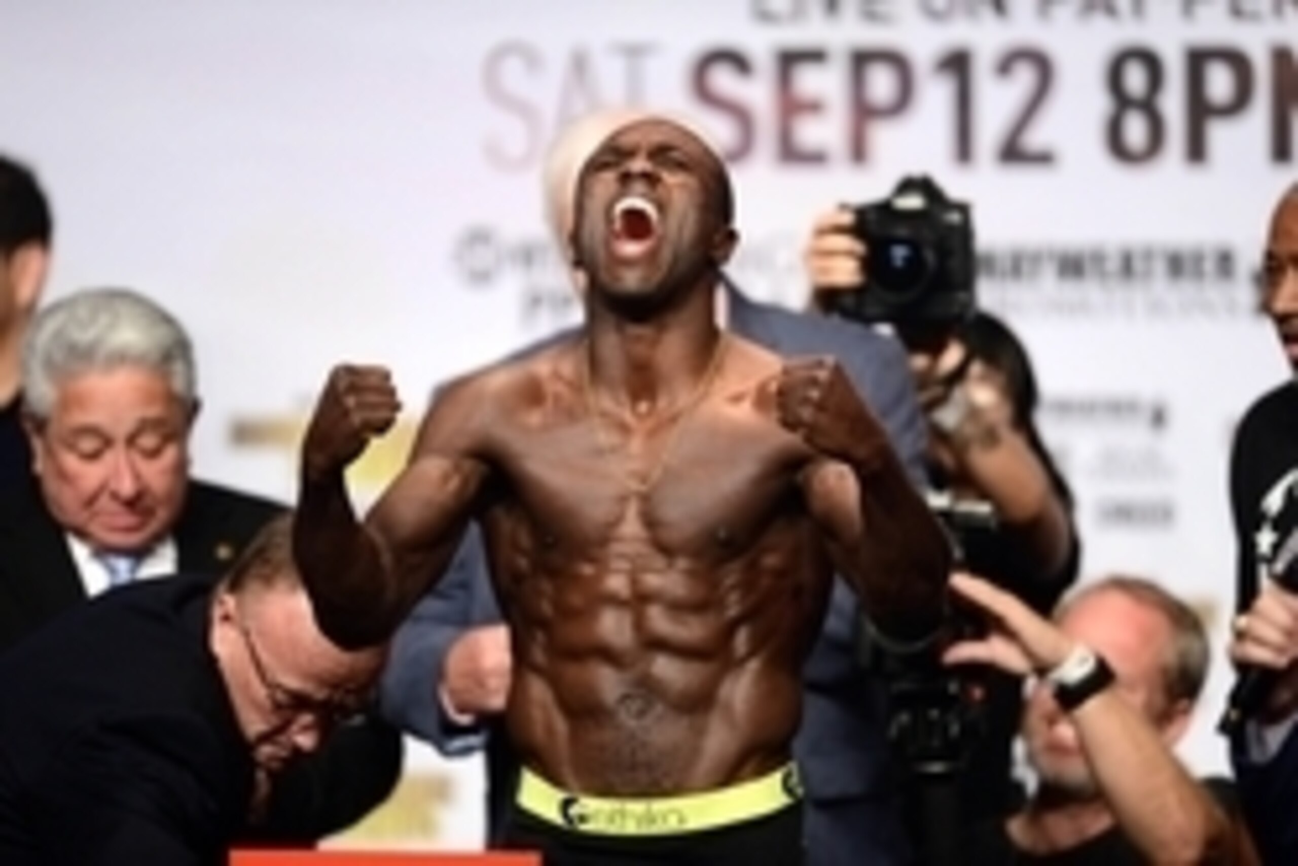 Sep 11, 2015; Las Vegas, NV, USA; Andre Berto weighs in for his upcoming boxing fight against Floyd Mayweather (not pictured) at MGM Grand Garden Arena. Mandatory Credit: Joe Camporeale-USA TODAY Sports Sep 11, 2015; Las Vegas, NV, USA; Andre Berto weighs in for his upcoming boxing fight against Floyd Mayweather (not pictured) at MGM Grand Garden Arena. Mandatory Credit: Joe Camporeale-USA TODAY Sports