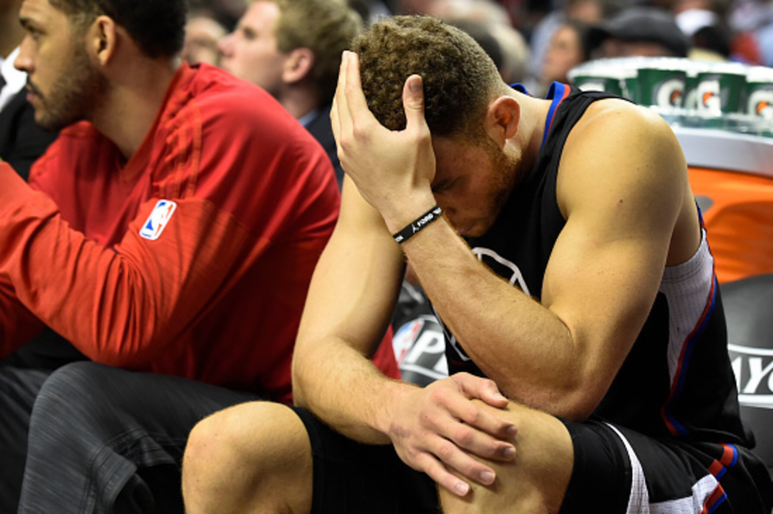 PORTLAND, OR - APRIL 25: Blake Griffin #32 of the Los Angeles Clippers sits on the bench as time winds down in the fourth quarter of Game Four of the Western Conference Quarterfinals against the Portland Trail Blazers during the 2016 NBA Playoffs at the M