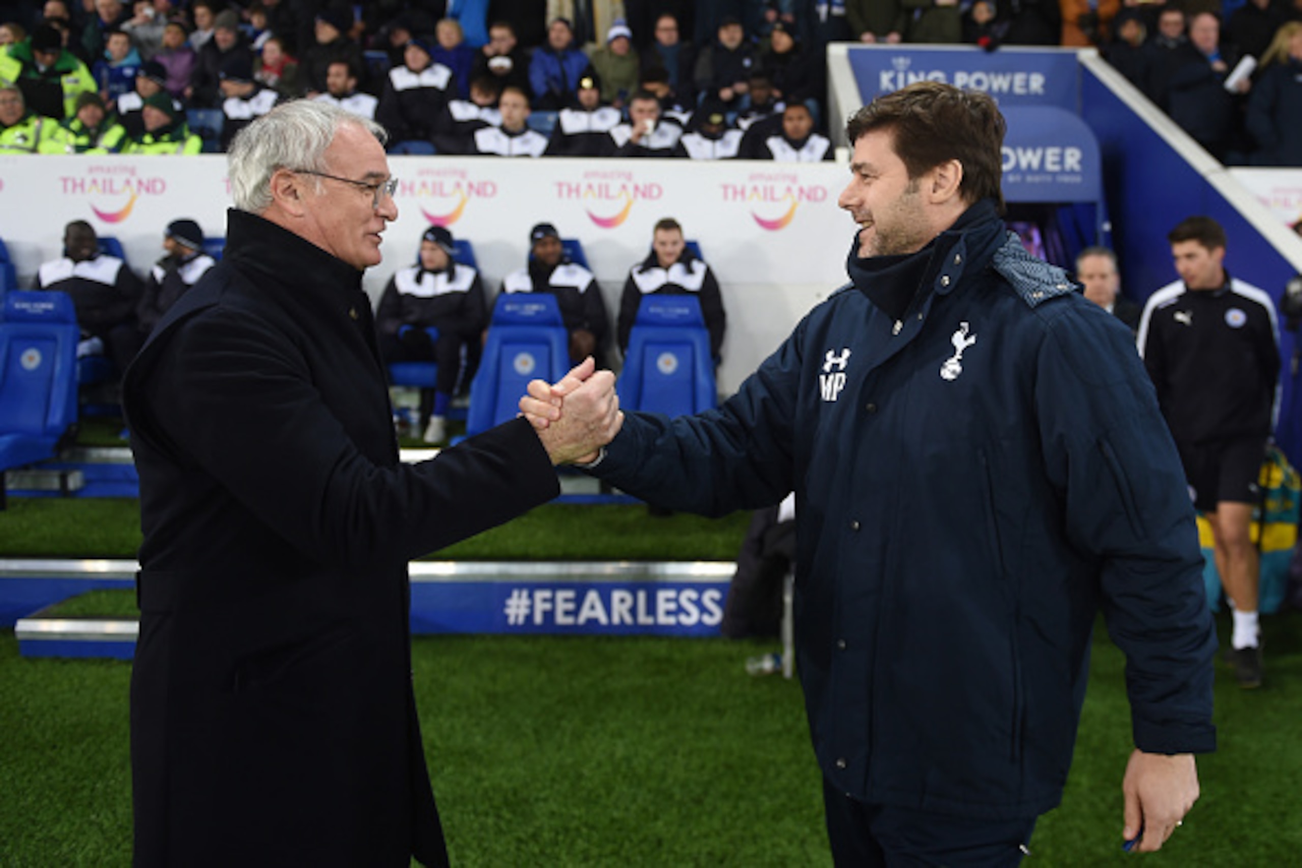 LEICESTER, ENGLAND - JANUARY 20:  Claudio Ranieri the manager of Leicester City greets Mauricio Pochettino the manager of Spurs prior to kickoff during the Emirates FA Cup Third Round Replay match between Leicester City and Tottenham Hotspur at The King P