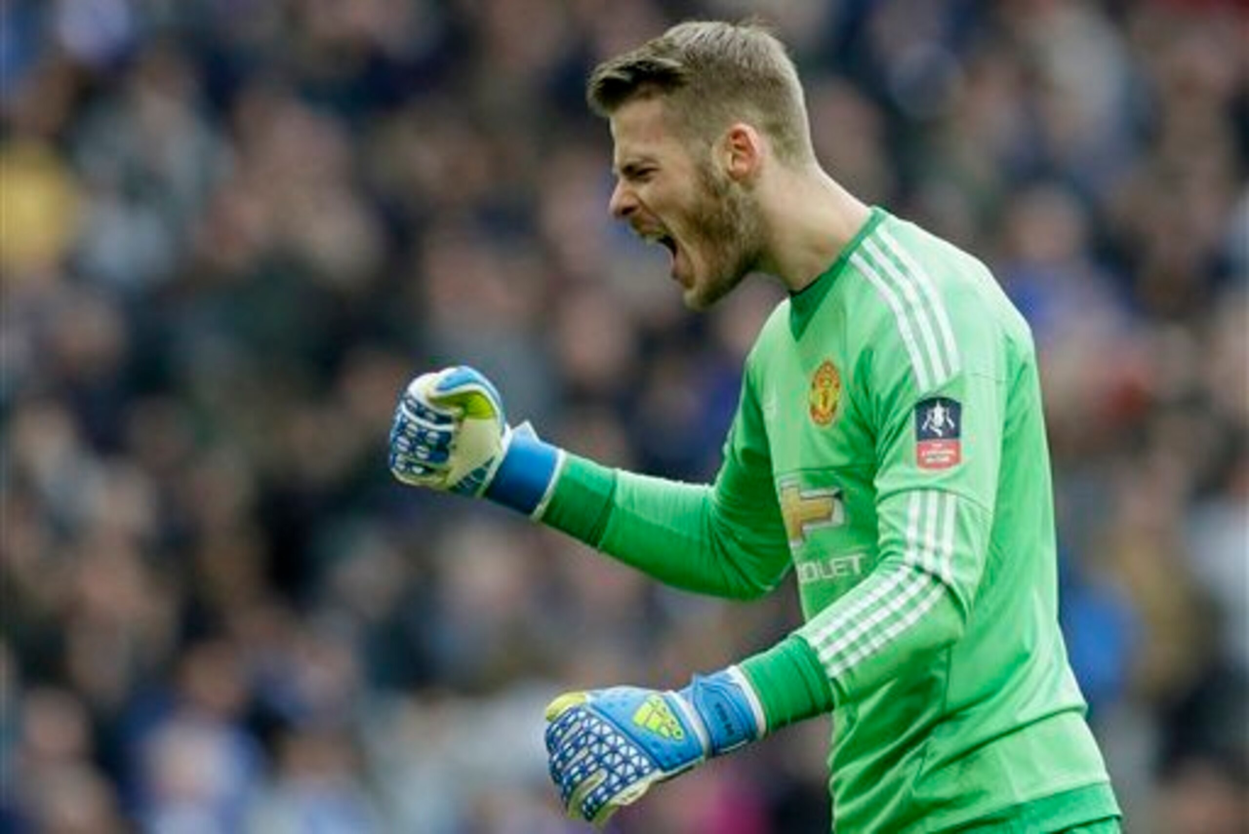 De Gea celebrates Martial's goal.