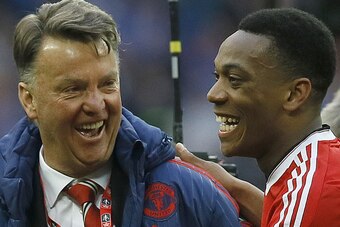Van Gaal and Martial celebrate after United's FA Cup semi-final victory.