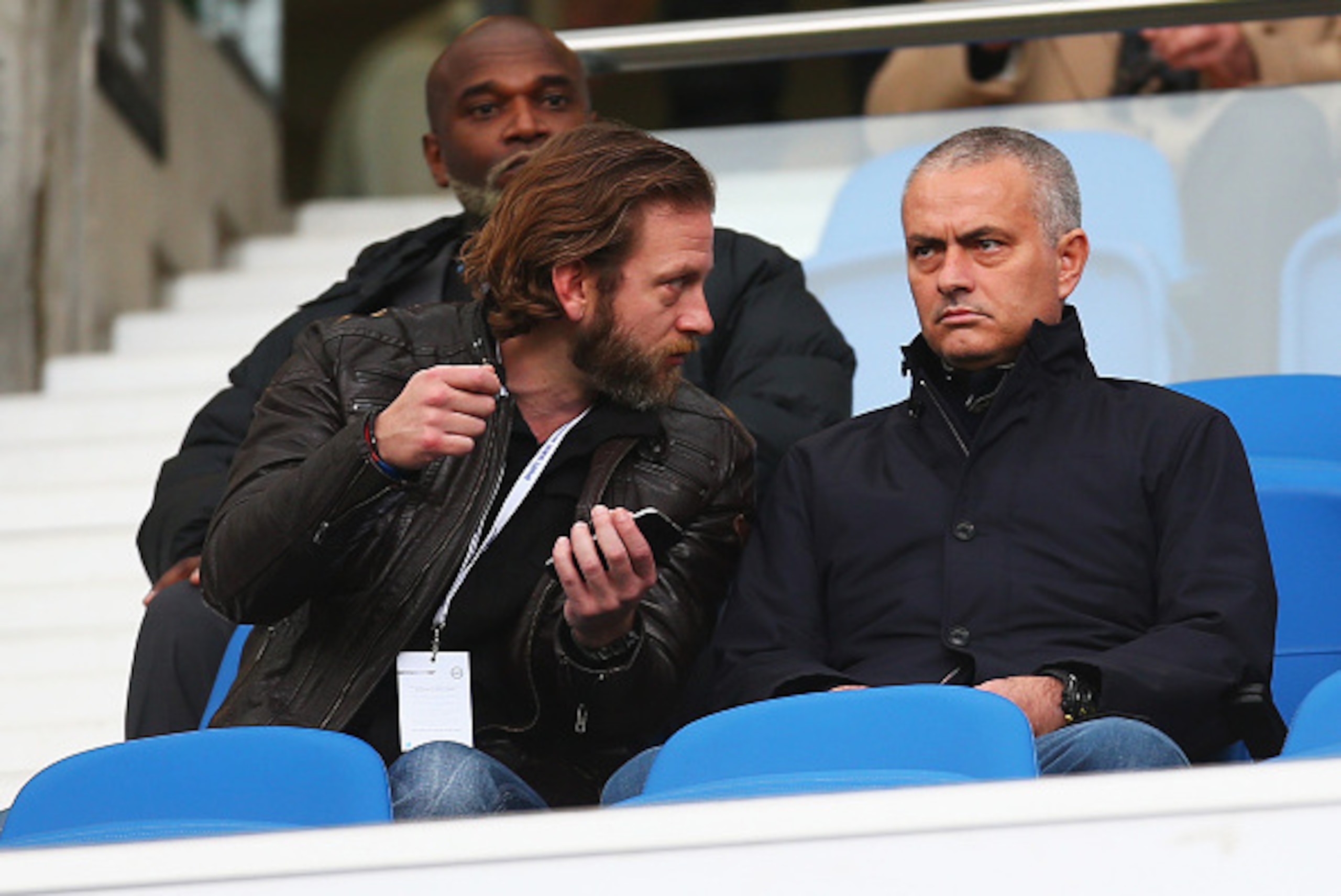 BRIGHTON, ENGLAND - DECEMBER 19:  Former Chelsea manager Jose Mourinho (R) looks on from the stands prior to the Sky Bet Championship match between Brighton and Hove Albion and Middlesbrough at Amex Stadium on December 19, 2015 in Brighton, United Kingdom