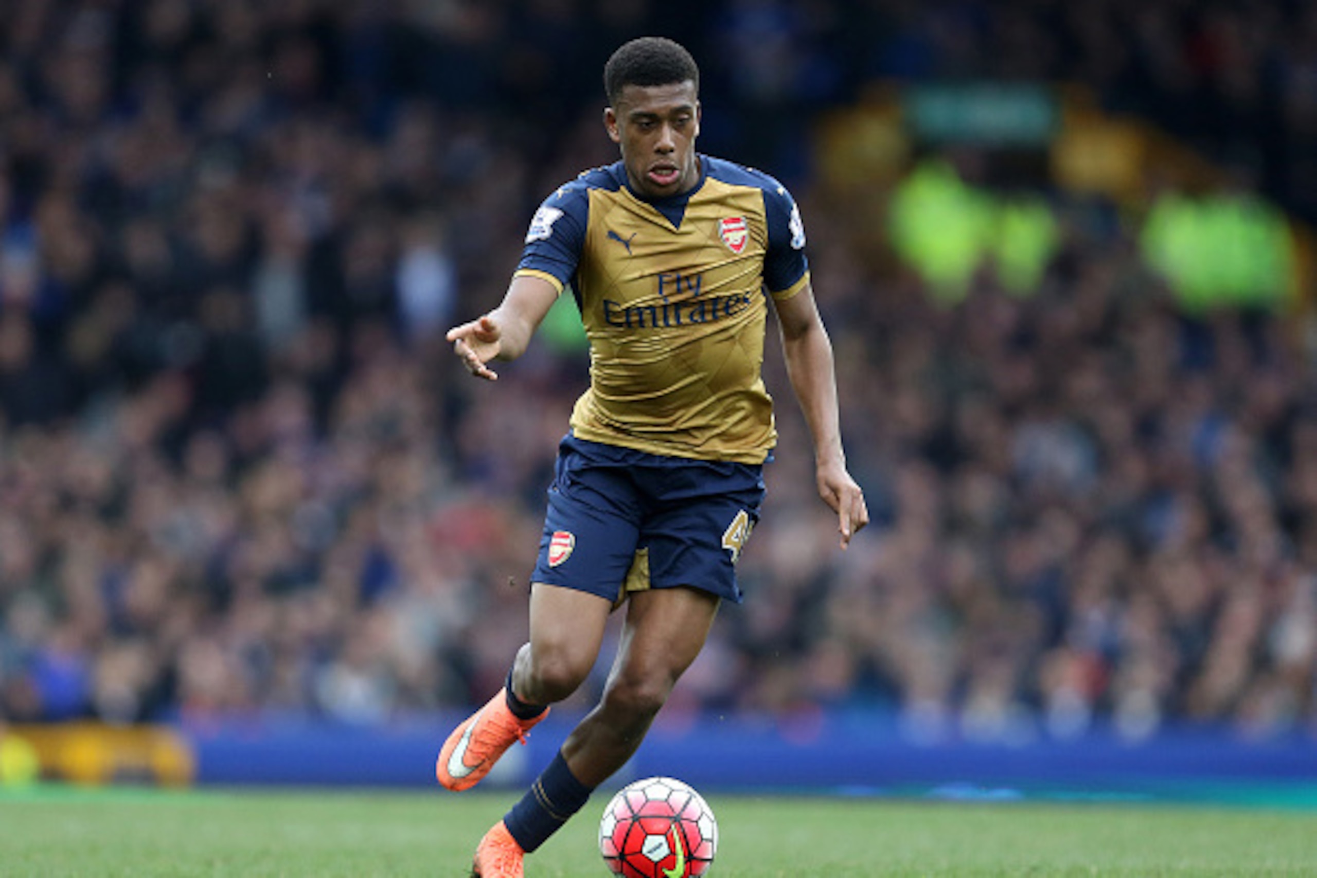 LIVERPOOL, ENGLAND - MARCH 19: Alex Iwobi of Arsenal during the Barclays Premier League match between Everton and Arsenal at Goodison Park on March 19, 2016 in Liverpool, England.  (Photo by James Baylis - AMA/Getty Images)