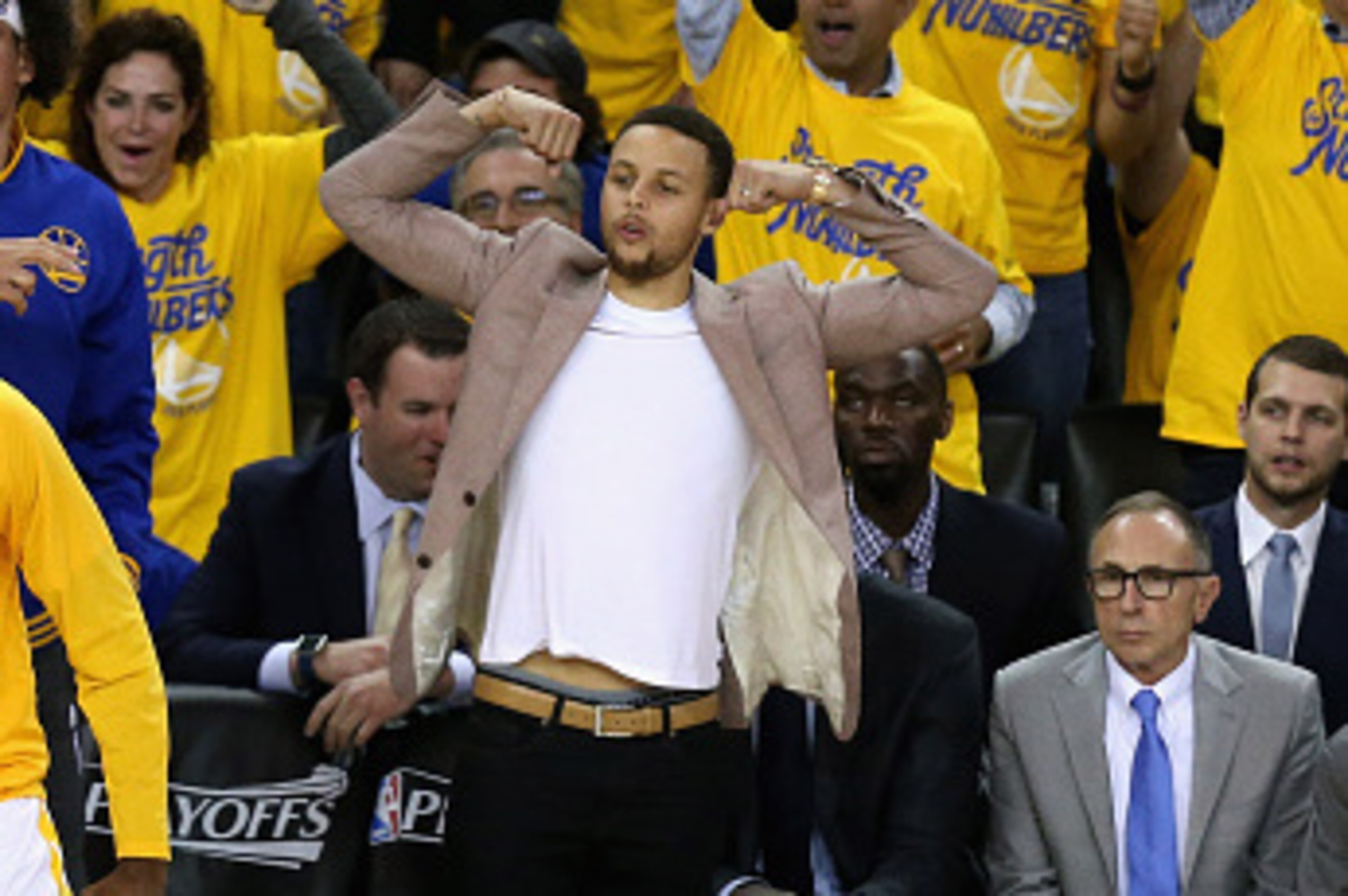 OAKLAND, CA - APRIL 27:  Injured Stephen Curry #30 of the Golden State Warriors reacts on the bench during their game against the Houston Rockets in Game Five of the Western Conference Quarterfinals during the 2016 NBA Playoffs at ORACLE Arena on April 27