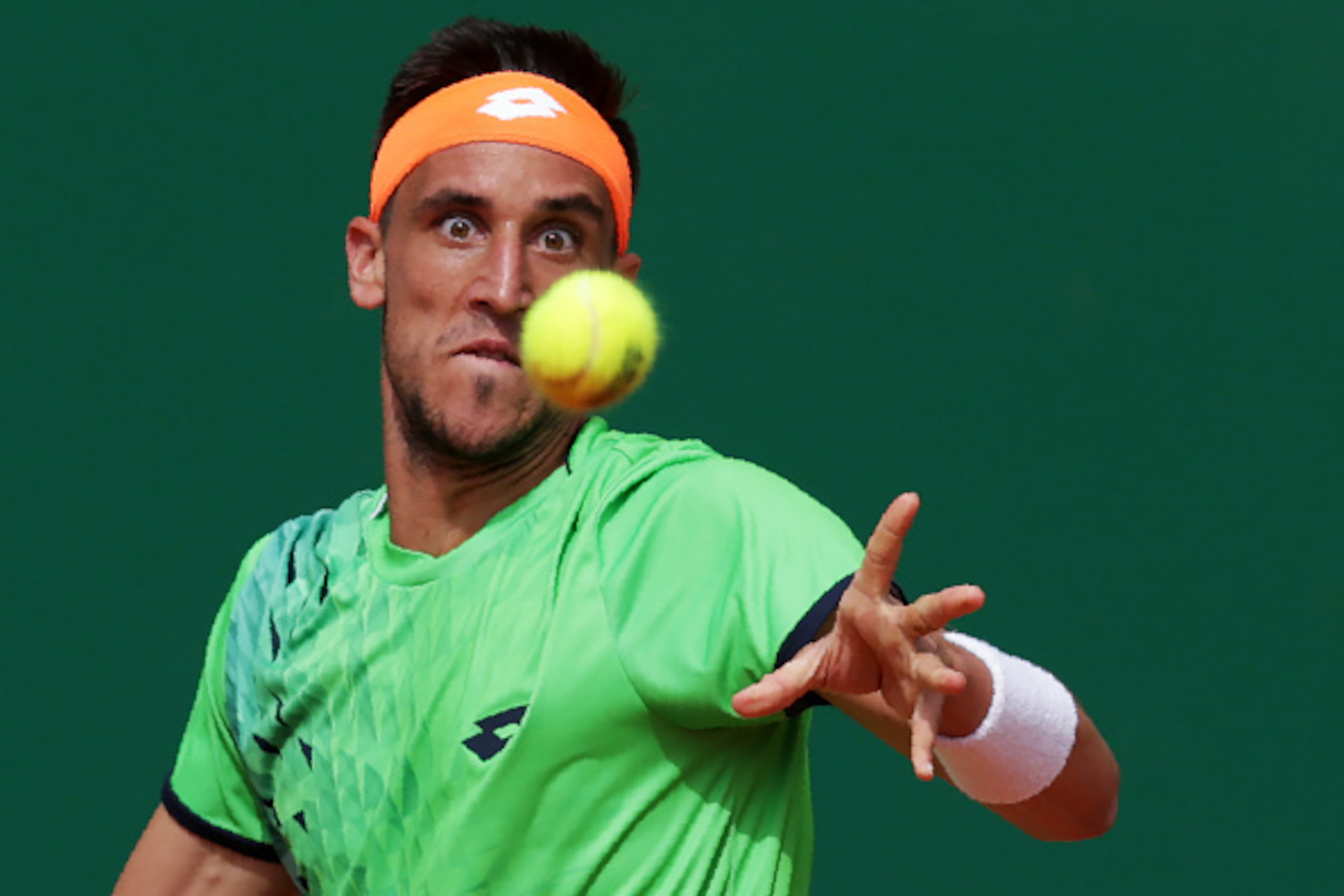 Bosnia and Herzegovina's Damir Dzumhur hits a return to Czech's Tomas Berdych during their Monte-Carlo ATP Masters Series Tournament tennis match, on April 13, 2016 in Monaco. AFP PHOTO / JEAN CHRISTOPHE MAGNENET / AFP / Jean-Christophe MAGNENET        (P