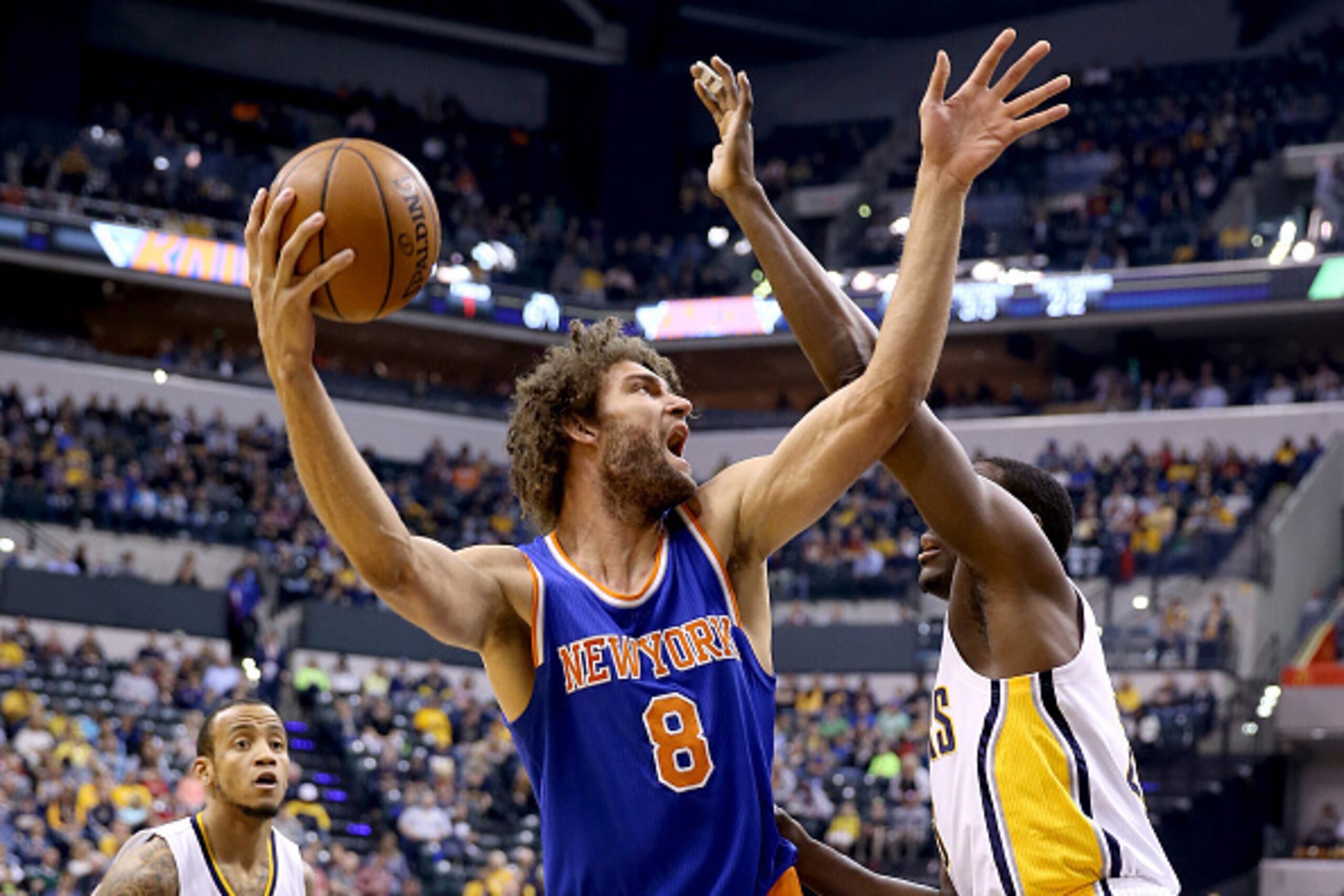 INDIANAPOLIS, INDIANA - APRIL 12:  Robin Lopez #8 of the New York Knicks shoots the ball during the game against the Indiana Pacers at Bankers Life Fieldhouse on April 12, 2016 in Indianapolis, Indiana.  NOTE TO USER: User expressly acknowledges and agree