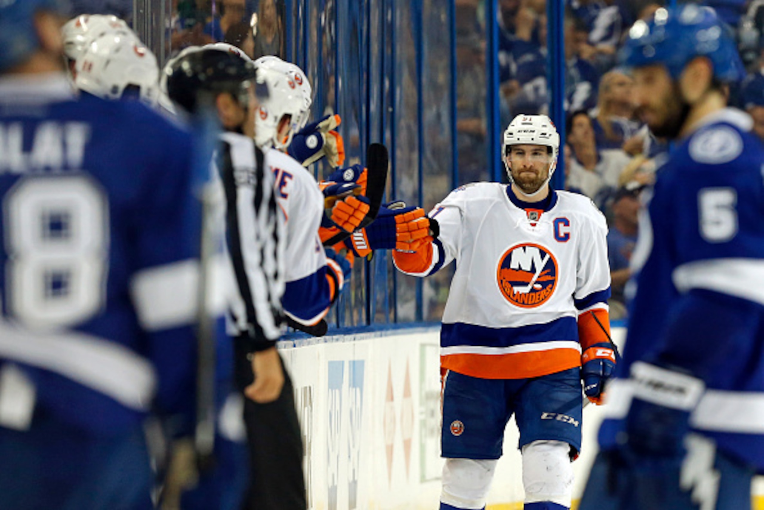 TAMPA, FL - APRIL 27:  John Tavares #91 of the New York Islanders celebrates his goal against the Tampa Bay Lightning during the second period in Game One of the Eastern Conference Second Round during the 2016 NHL Stanley Cup Playoffs at Amalie Arena on A