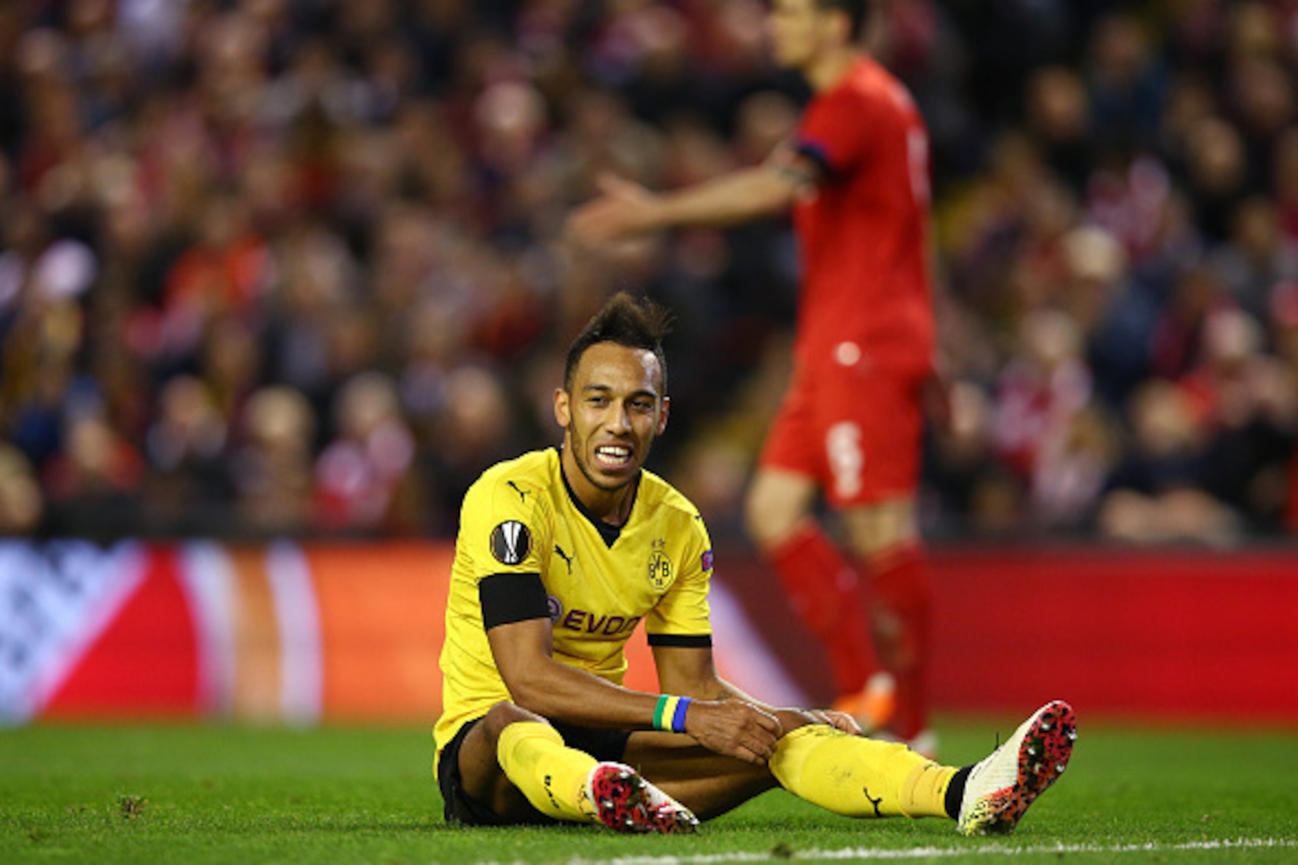LIVERPOOL, ENGLAND - APRIL 14:  Pierre-Emerick Aubameyang of Borussia Dortmund reacts during the UEFA Europa League quarter final, second leg match between Liverpool and Borussia Dortmund at Anfield on April 14, 2016 in Liverpool, United Kingdom.  (Photo 