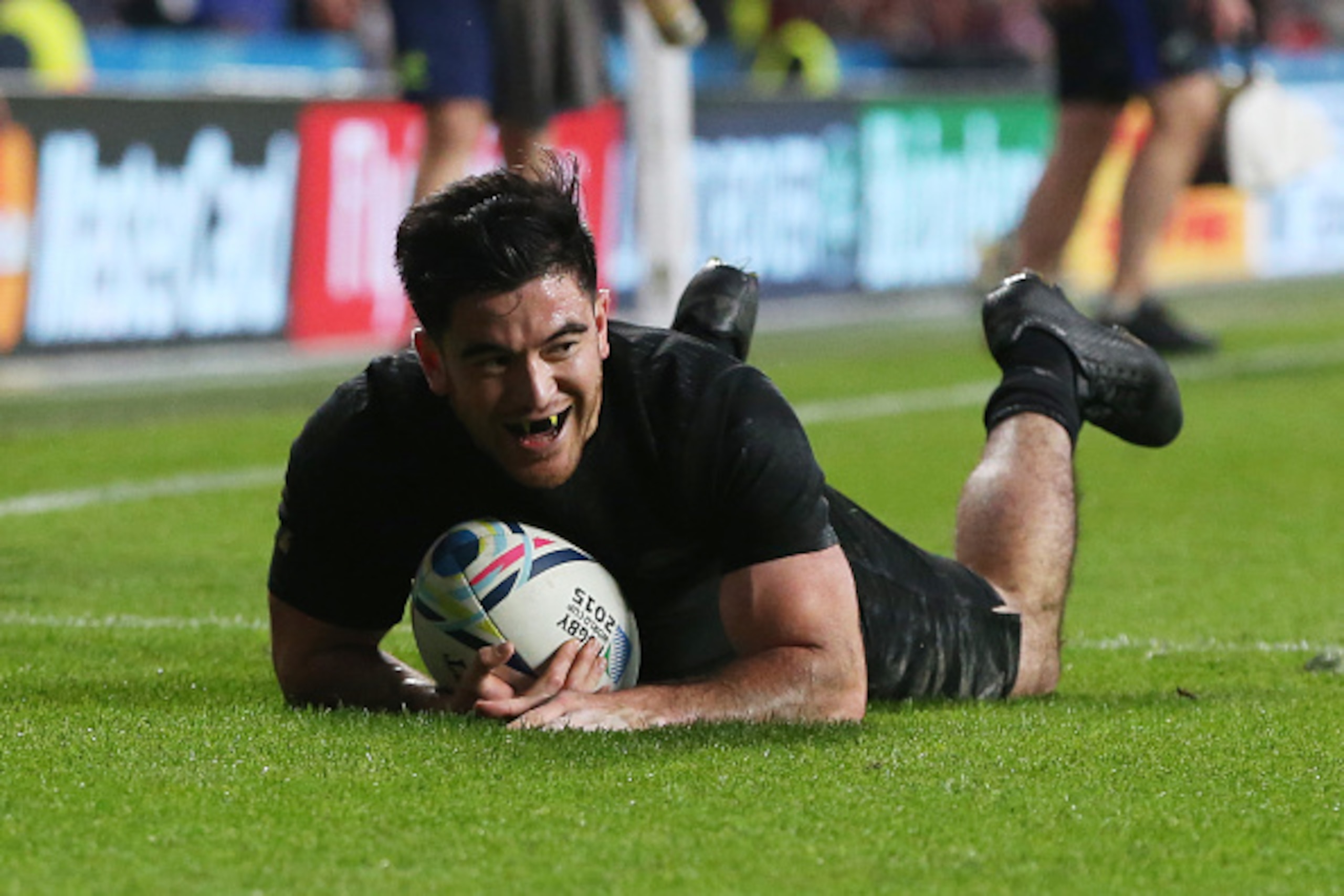 LONDON, ENGLAND - OCTOBER 31:  Nehe Milner-Skudder of New Zealand celebrates scoring the first try during the 2015 Rugby World Cup Final match between New Zealand and Australia at Twickenham Stadium on October 31, 2015 in London, United Kingdom.  (Photo b
