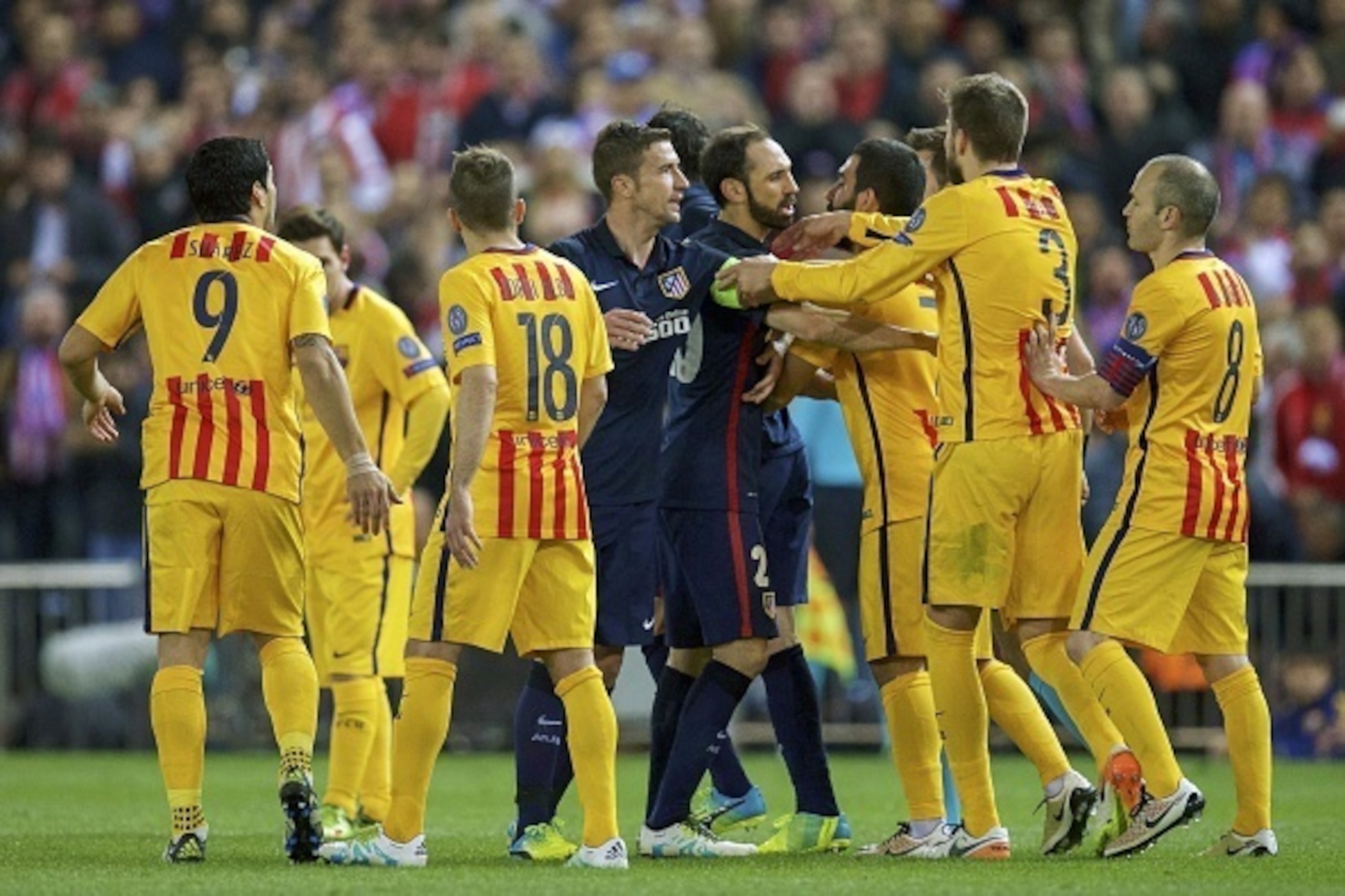 (L-R) Luis Suarez of FC Barcelona, Lionel Messi of FC Barcelona, Jordi Alba of FC Barcelona, Gabi of Club Atletico de Madrid, Juanfran of Club Atletico de Madrid, Arda Turan of FC Barcelona, Gerard Pique of FC Barcelona, Sergi Roberto of FC Barcelona duri