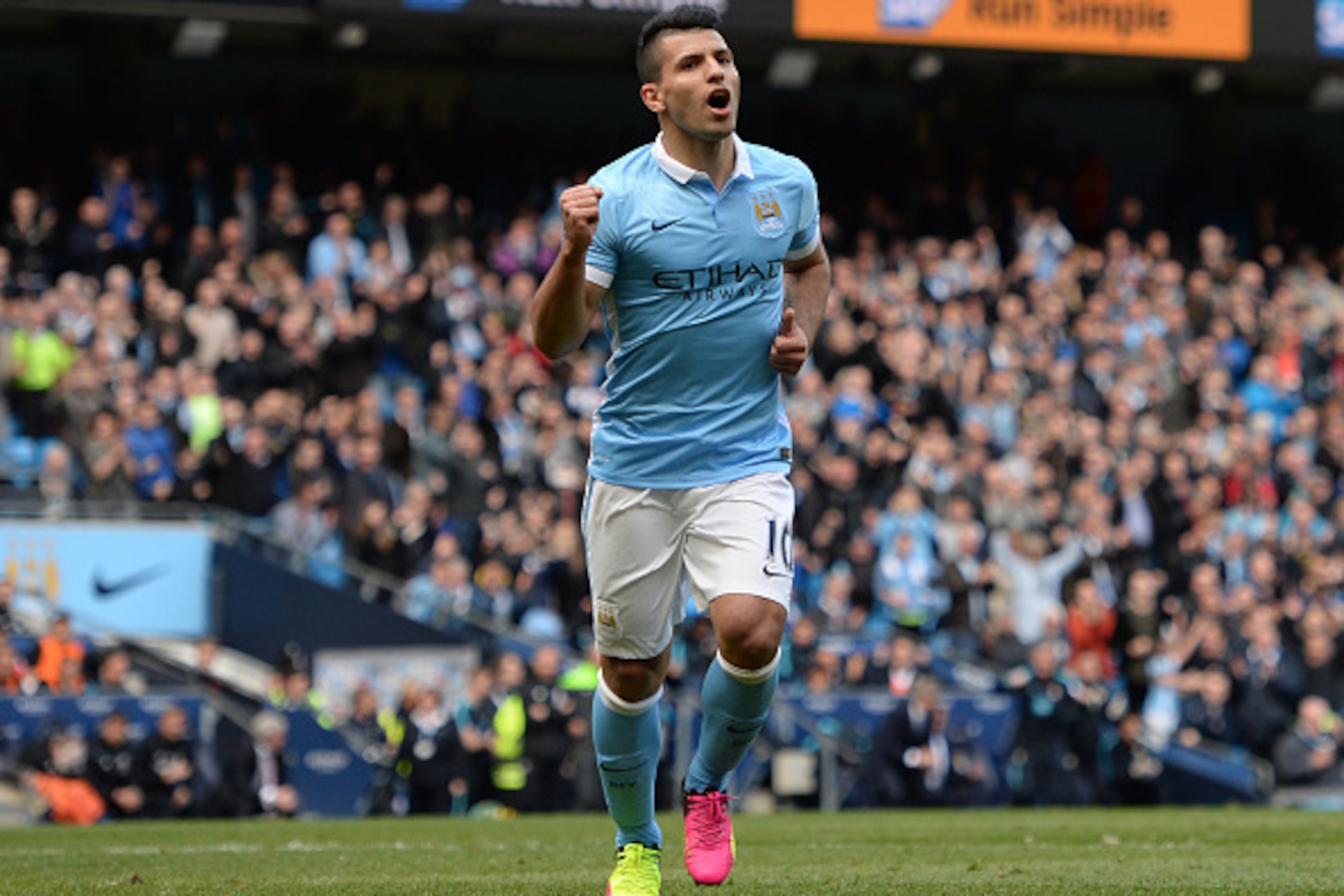 Manchester City's Argentinian striker Sergio Aguero celebrates after scoring their second goal from the penalty spot during the English Premier League football match between Manchester City and Stoke at the Etihad Stadium in Manchester, north west England