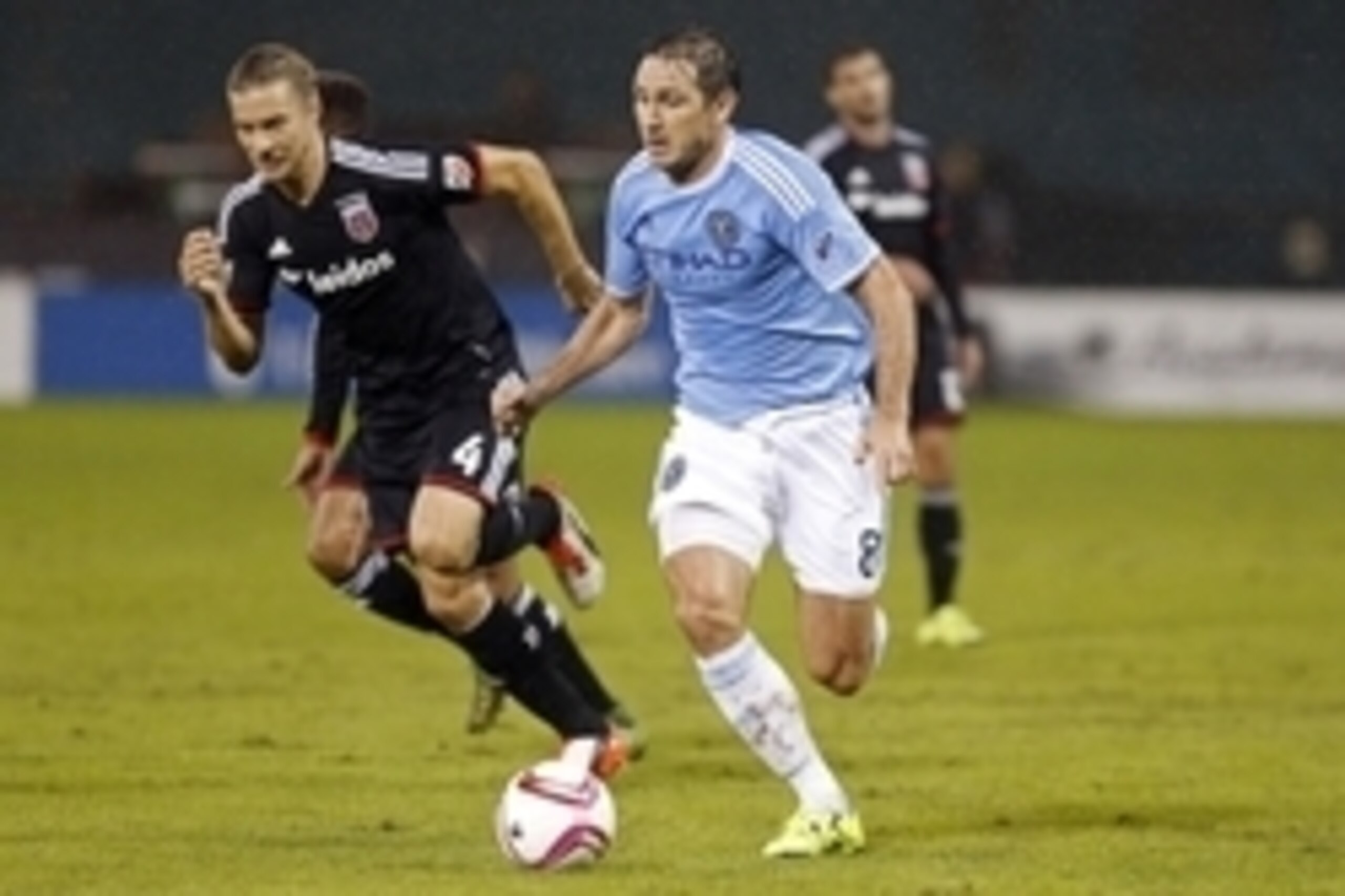 Oct 2, 2015; Washington, DC, USA; New York City FC midfielder Frank Lampard (8) dribbles the ball as D.C. United midfielder/defender Markus Halsti (4) chases in the first half at Robert F. Kennedy Memorial Stadium. United won 2-1. Mandatory Credit: Geoff Oct 2, 2015; Washington, DC, USA; New York City FC midfielder Frank Lampard (8) dribbles the ball as D.C. United midfielder/defender Markus Halsti (4) chases in the first half at Robert F. Kennedy Memorial Stadium. United won 2-1. Mandatory Credit: Geoff