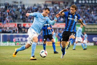 NEW YORK, NY - APRIL 27:  Midfielder RJ Allen #27 of New York City FC pushes the ball forward during the match vs Montreal Impact at Yankee Stadium on April 27, 2016 in New York City.  The match ended in a 1-1 draw.  (Photo by Michael Stewart/Getty Images