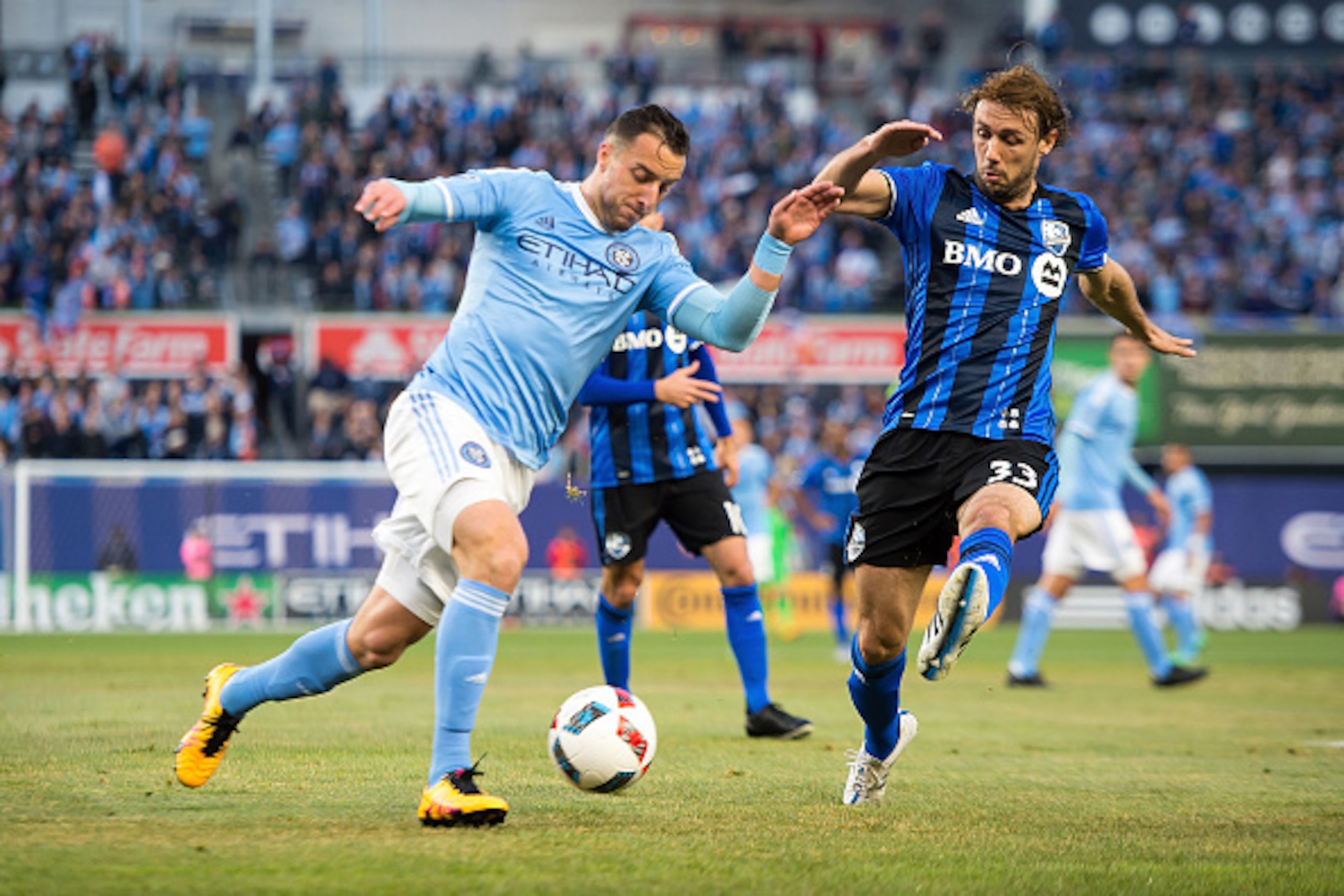 NEW YORK, NY - APRIL 27: Midfielder RJ Allen #27 of New York City FC pushes the ball forward during the match vs Montreal Impact at Yankee Stadium on April 27, 2016 in New York City. The match ended in a 1-1 draw. (Photo by Michael Stewart/Getty Images NEW YORK, NY - APRIL 27: Midfielder RJ Allen #27 of New York City FC pushes the ball forward during the match vs Montreal Impact at Yankee Stadium on April 27, 2016 in New York City. The match ended in a 1-1 draw. (Photo by Michael Stewart/Getty Images