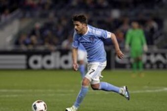 Apr 27, 2016; New York, NY, USA; New York City FC forward David Villa (7) in action during the second half against the Montreal Impact at Yankee Stadium. New York City FC and the Montreal Impact ended in a 1-1 tie. Mandatory Credit: Adam Hunger-USA TODAY 