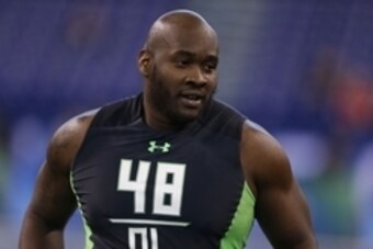 Feb 26, 2016; Indianapolis, IN, USA; Ole Miss Rebels offensive lineman Laremy Tunsil (48) participates in workout drills during the 2016 NFL Scouting Combine at Lucas Oil Stadium. Mandatory Credit: Brian Spurlock-USA TODAY Sports