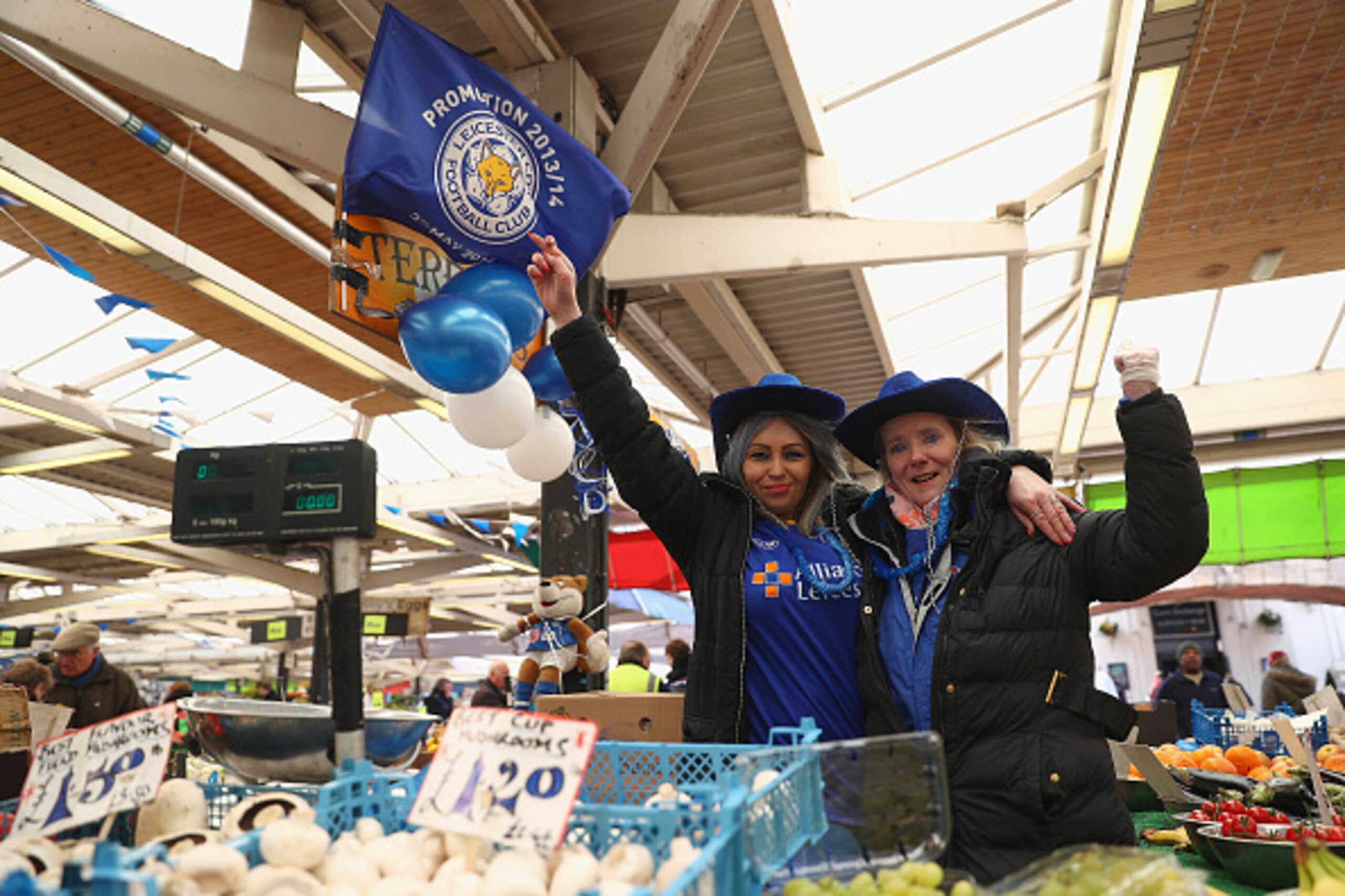 LEICESTER, ENGLAND - APRIL 29:  Ela Godek and Teresa Wall of Teresa's Salads show their support towards Leicester City FC during a Leicester Backing the Blues Campaign in support of Leicester City on April 29, 2016 in Leicester, England.  (Photo by Matthe