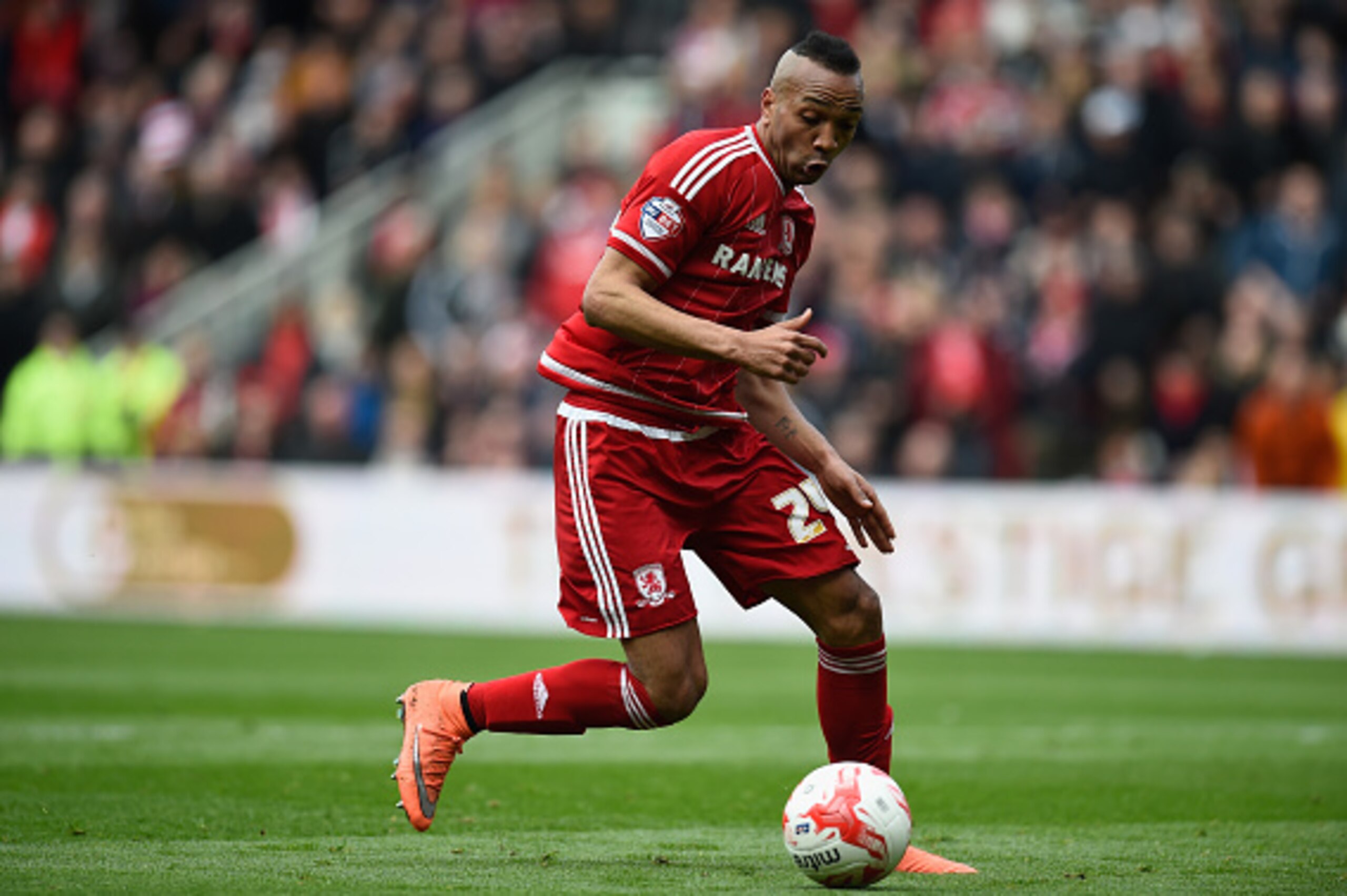 MIDDLESBROUGH, ENGLAND - APRIL 23:  Boro player Emilio Nsue in action during the Sky Bet Championship match between Middlesbrough and Ipswich Town at the Riverside Stadium on April 23, 2016 in Middlesbrough, United Kingdom.  (Photo by Stu Forster/Getty Im