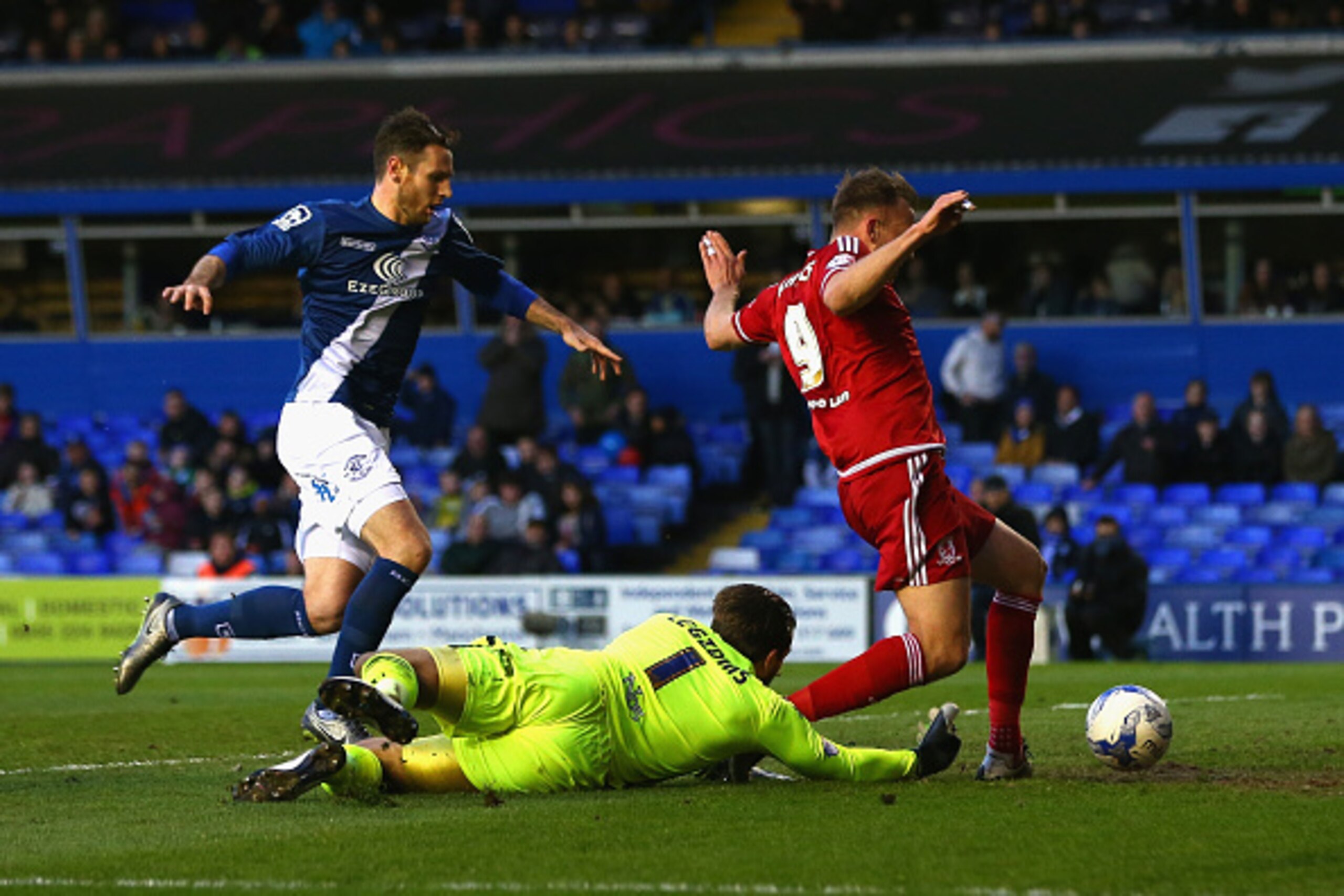 BIRMINGHAM, ENGLAND - APRIL 29:  Adam Legzdins of Birmingham City fails to prevent Jordan Rhodes of Middlesbrough scoring the equalising goal during the Sky Bet Championship match between Birmingham City and Middlesbrough at St Andrews on April 29, 2016 i